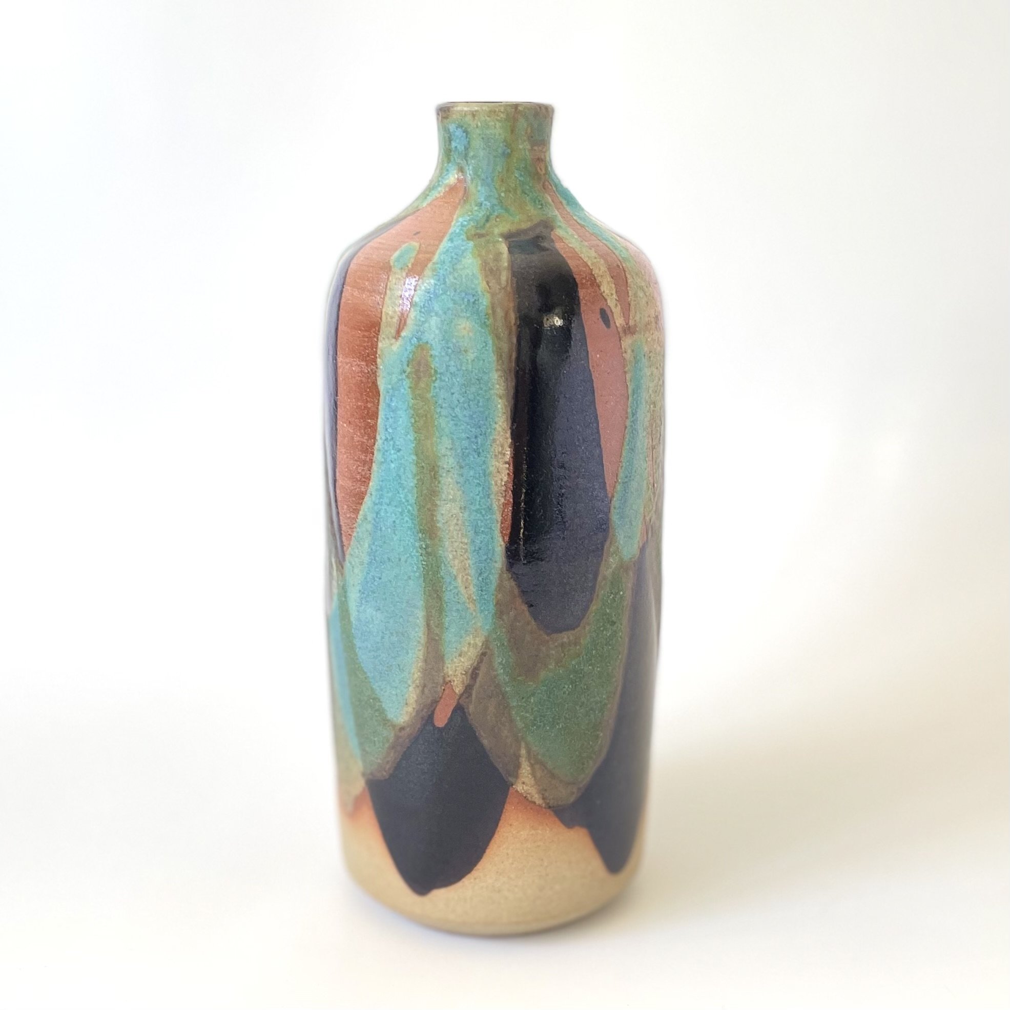 Stoneware bottle vase in tenmoku and turquoise 3