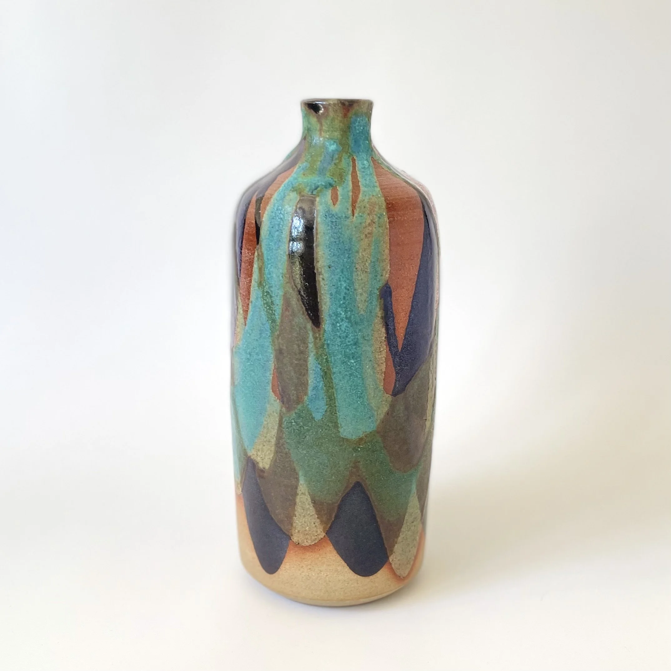 Stoneware bottle vase in tenmoku and turquoise 4