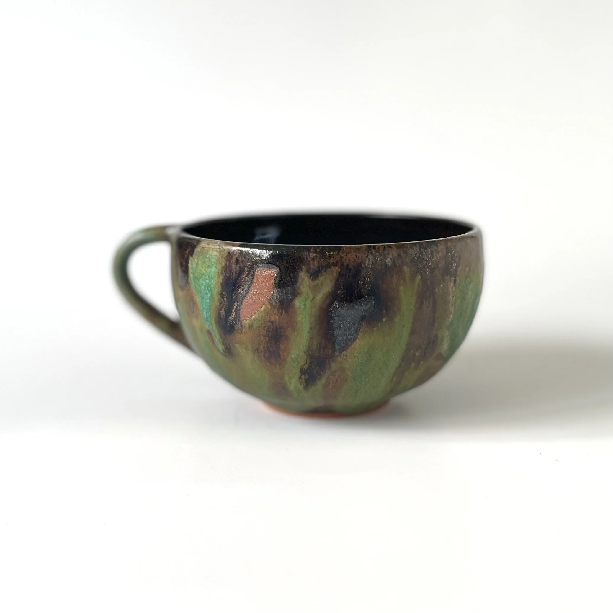 Tenmoku and turquoise stoneware hand thrown pottery cup 2