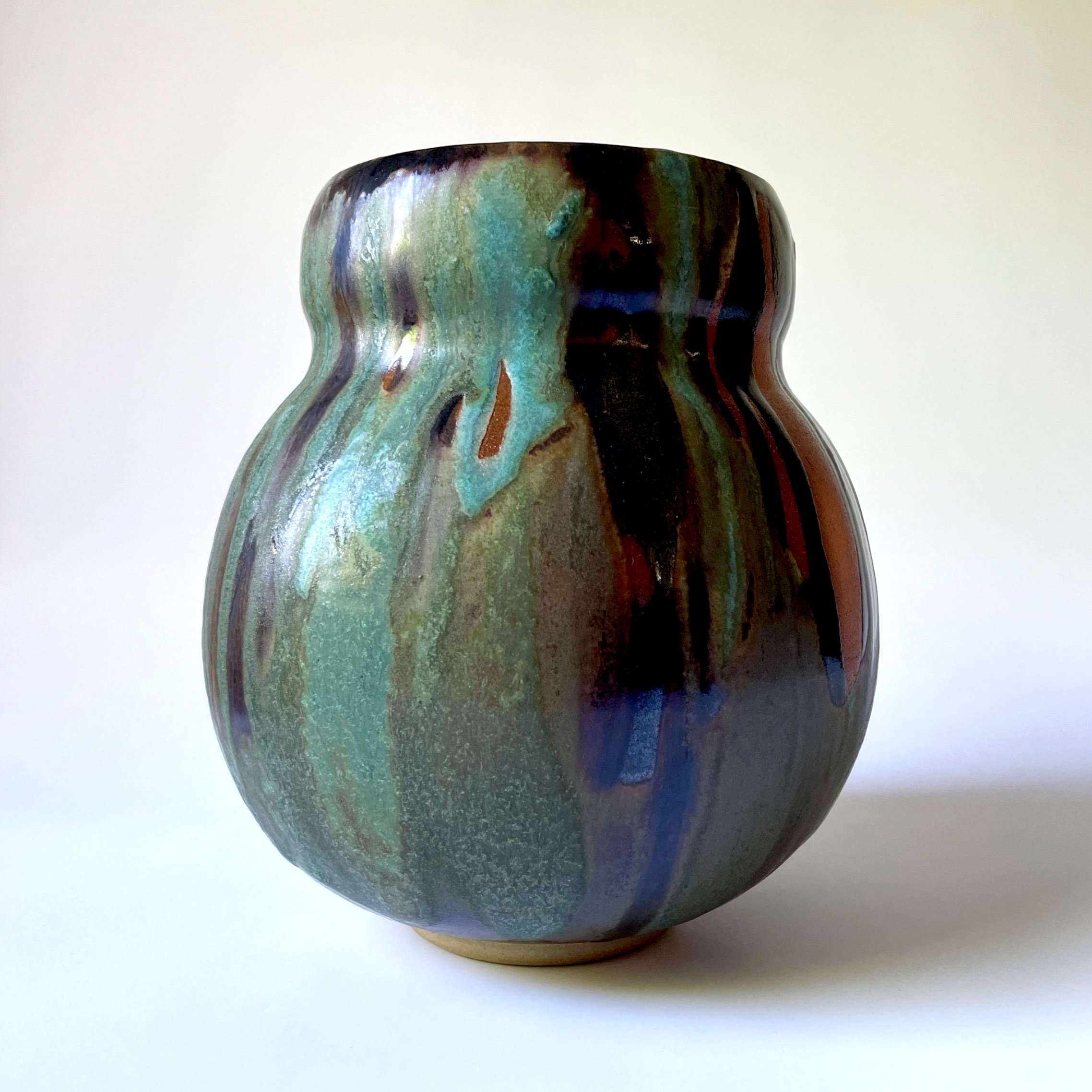 Hand thrown stoneware belly vase in tenmoku and turquoise 3
