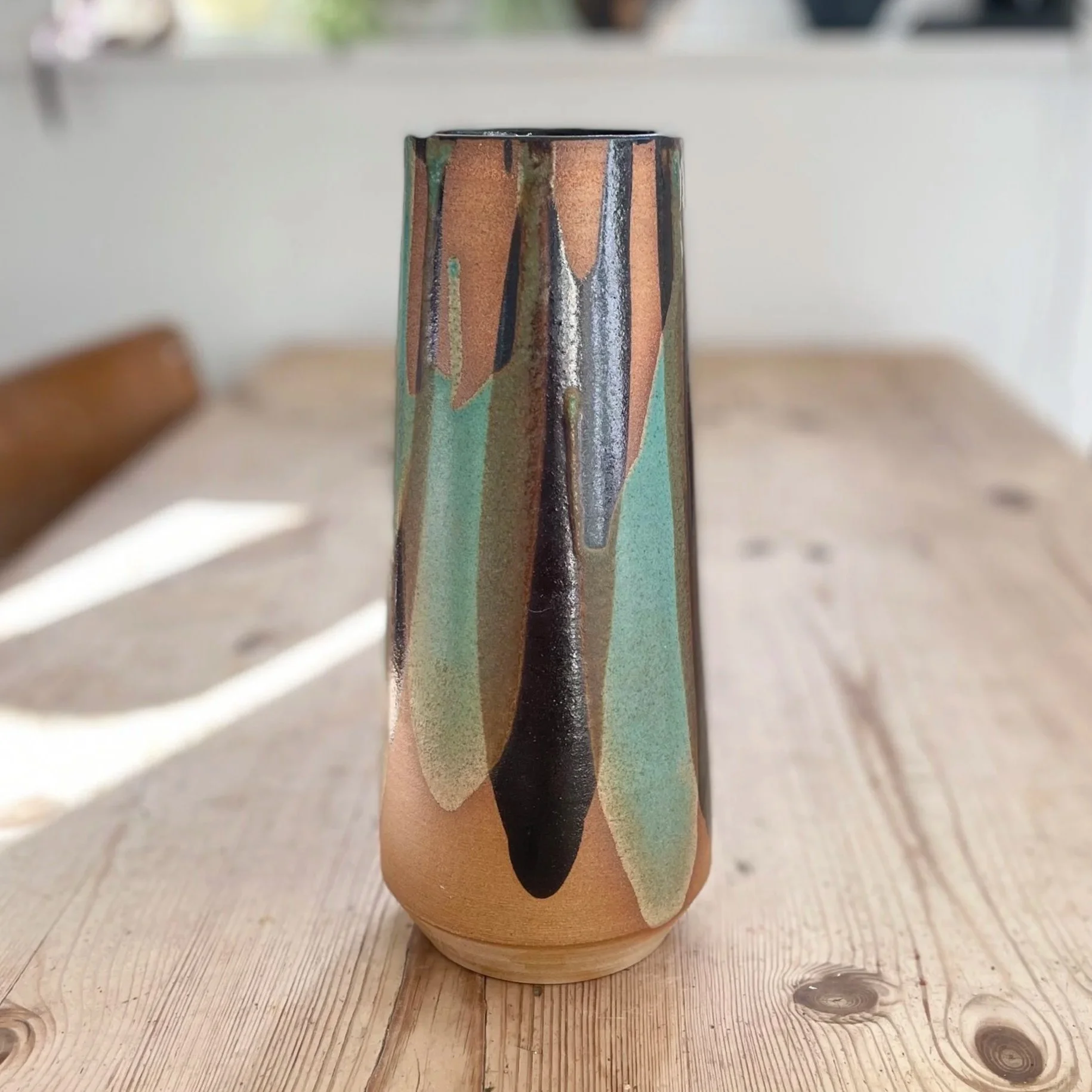 Large statement stoneware vase glazed in tenmoku and turquoise 2