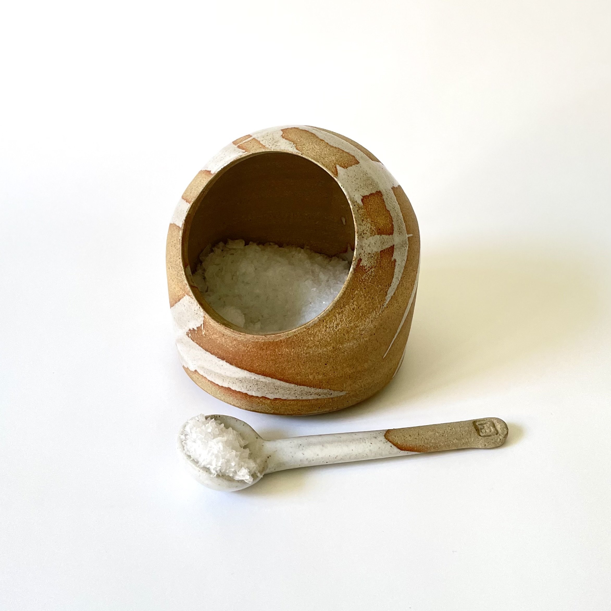 STONEWARE SALT PIG AND SPOON - SATIN WHITE ON RAW CLAY