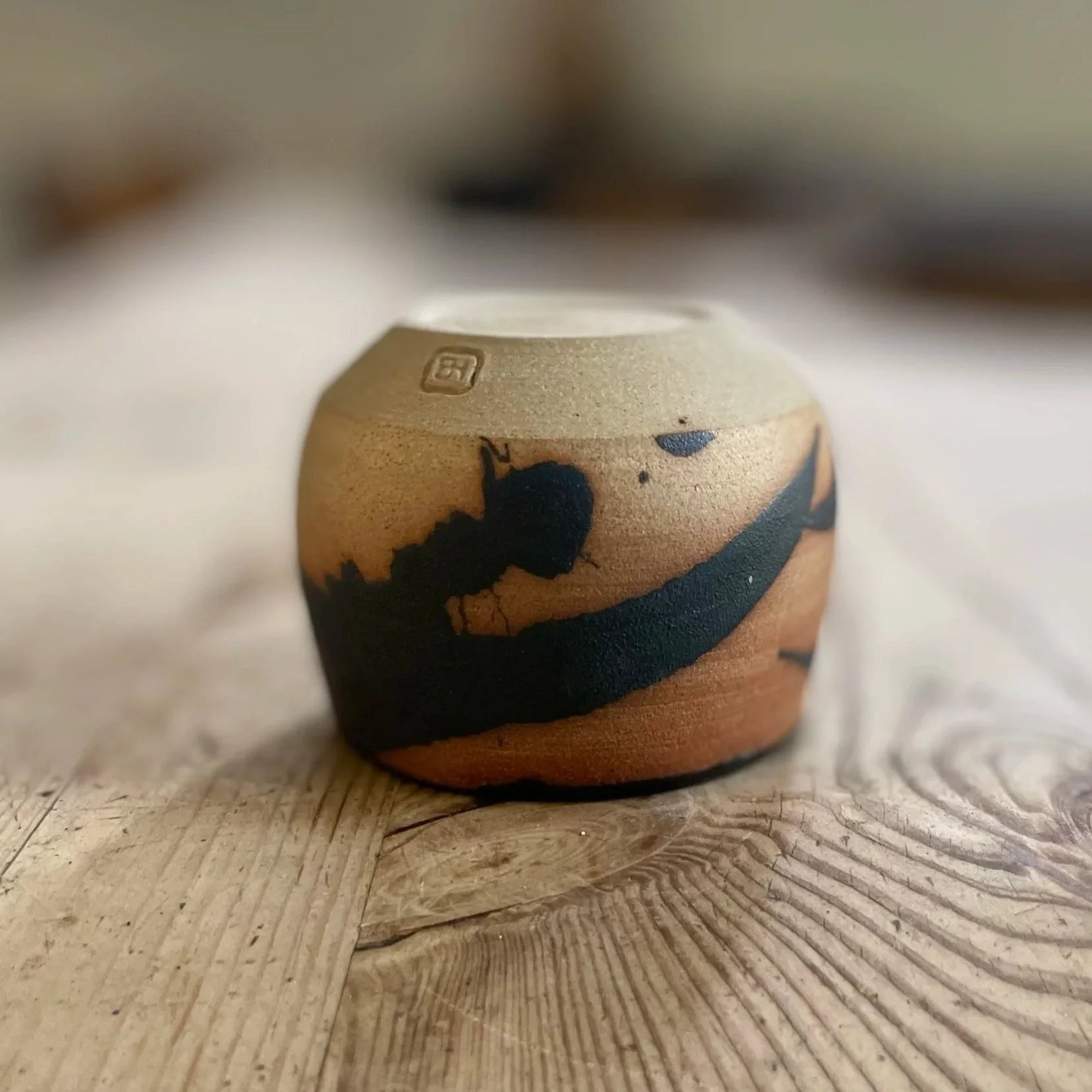 Stoneware hand thrown cup glazed in bamboo mark making 2