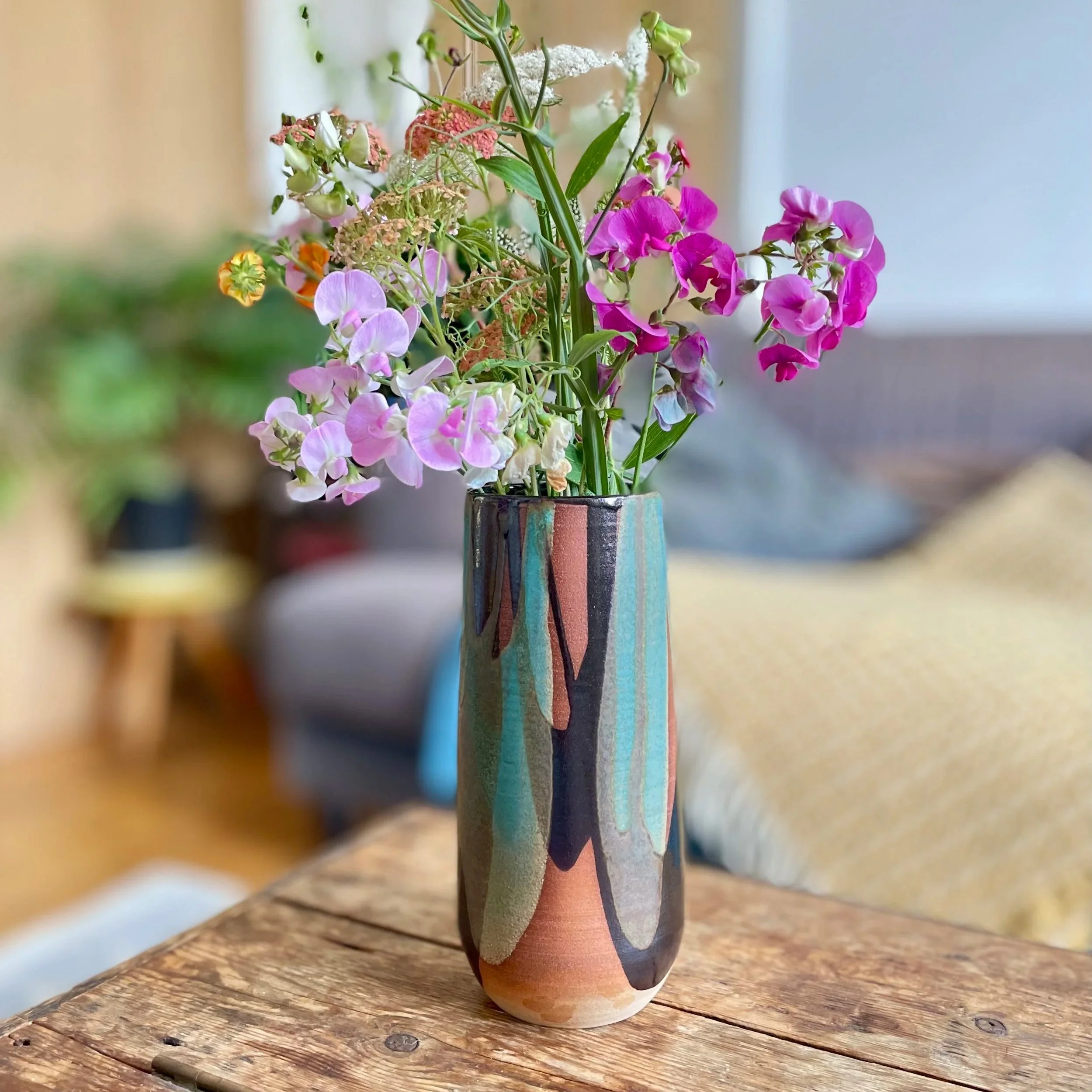 Large tenmoku and turquoise stoneware vase 5