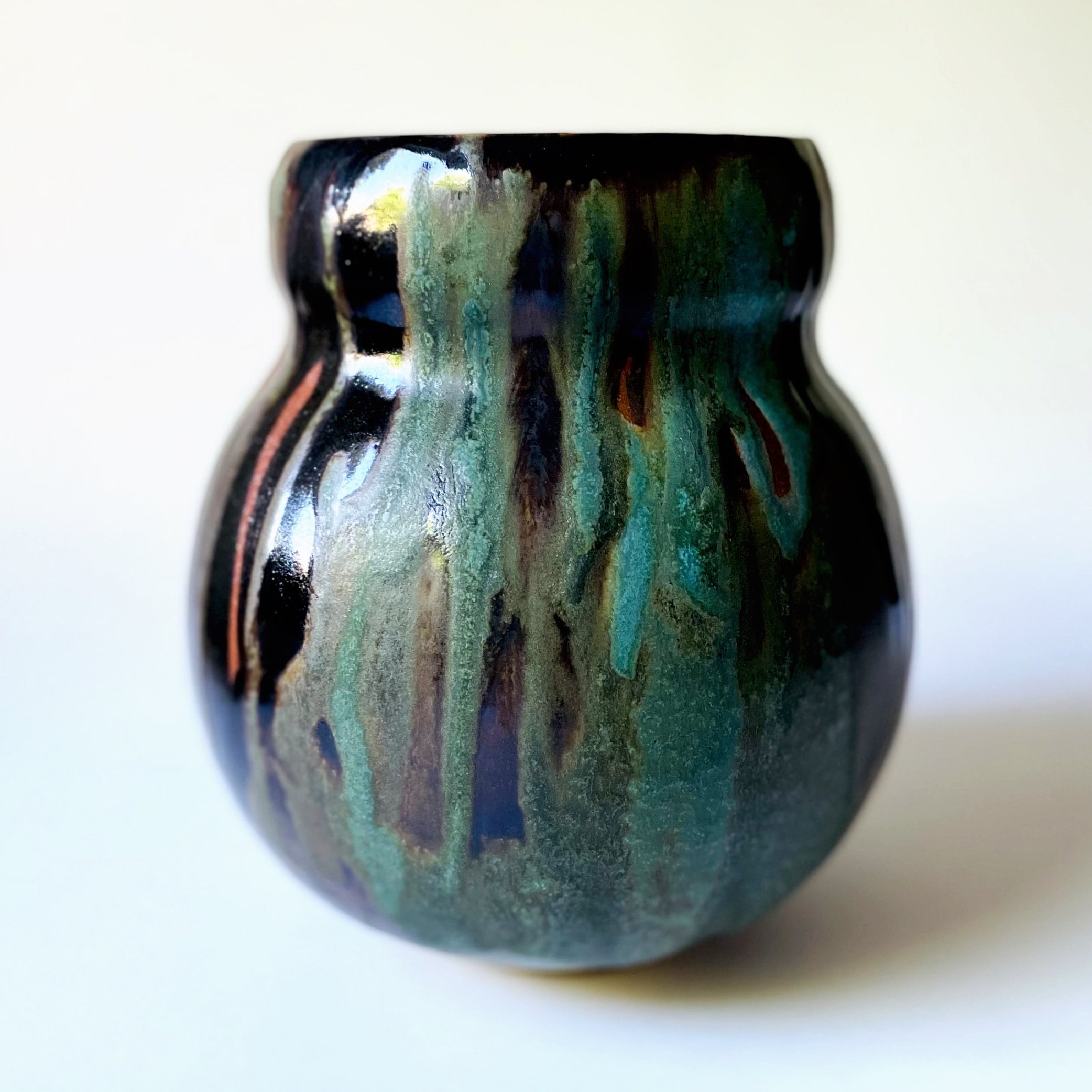 Hand thrown stoneware belly vase in tenmoku and turquoise 5