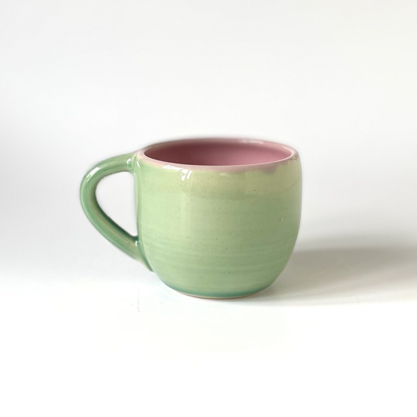 pink and green curved hand thrown stoneware flat white cup 2