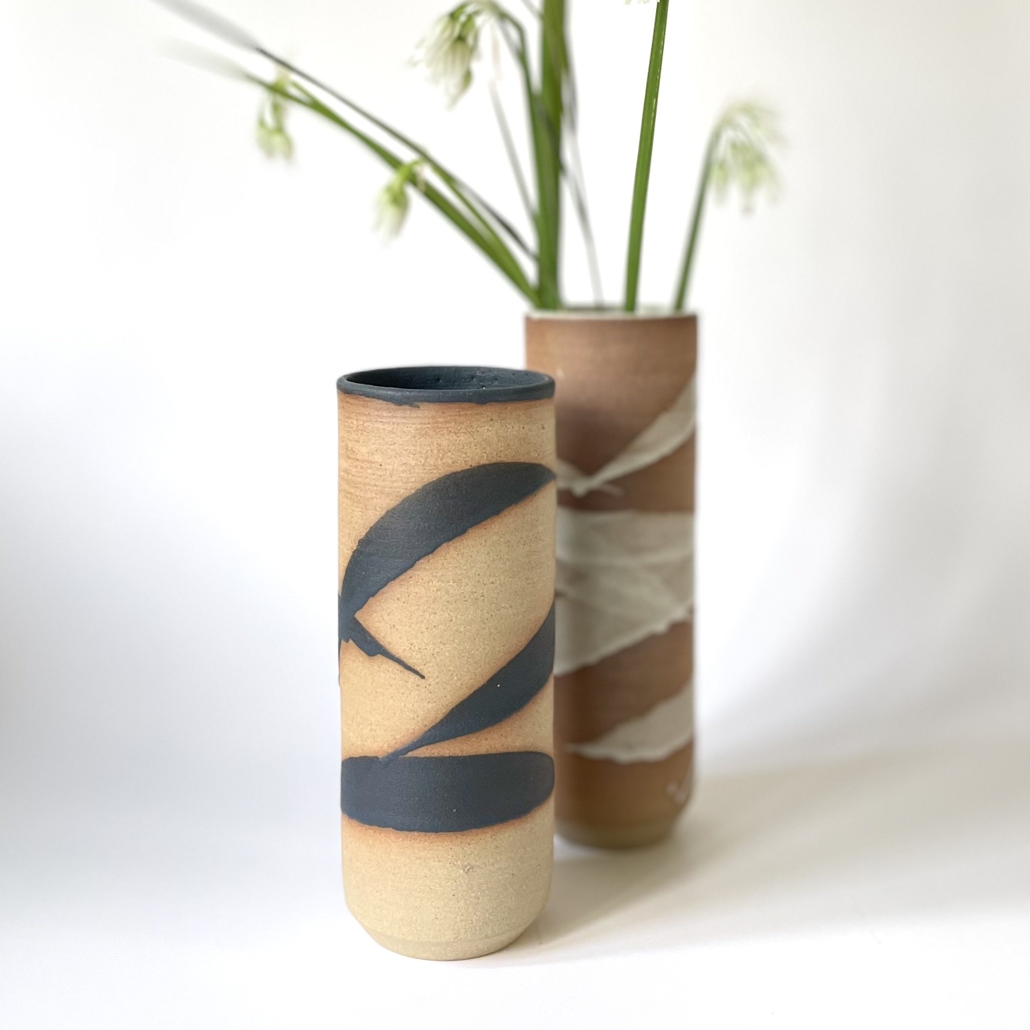 Small stoneware vase with black bamboo mark making 1
