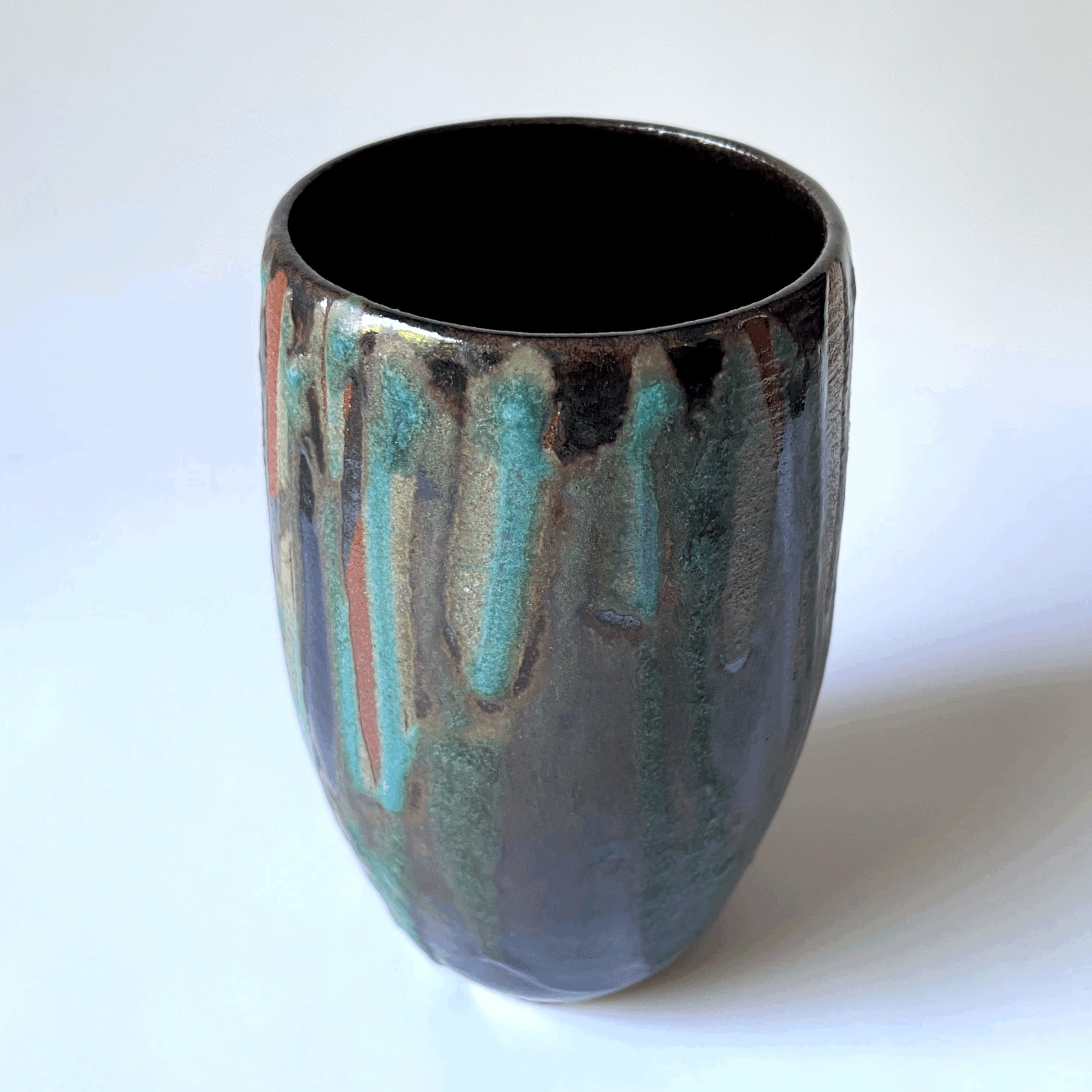 Large stoneware vase hand thrown kiln fired glazed in tenmoku/turquoise 2