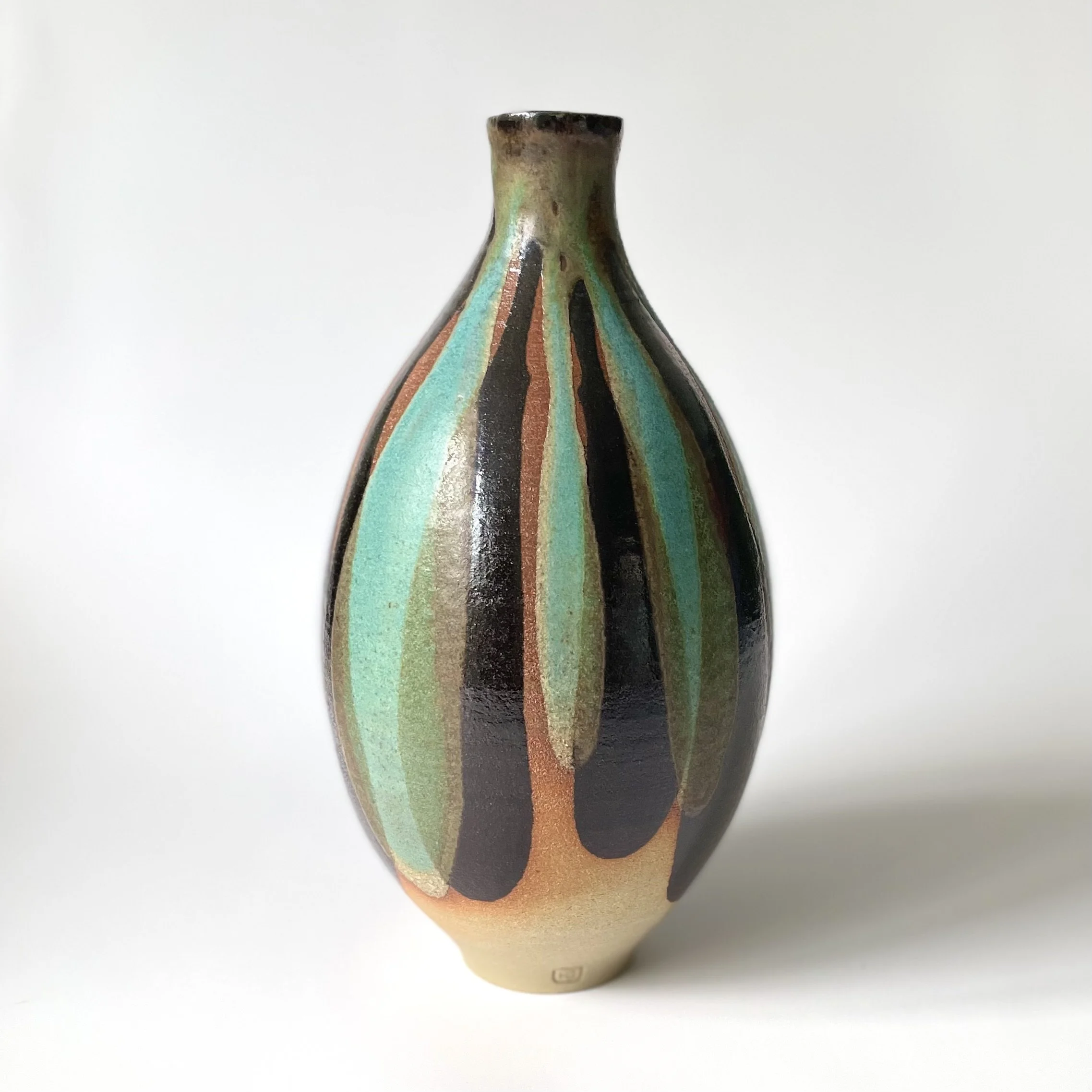 Large stoneware vase in tenmoku and turquoise 3