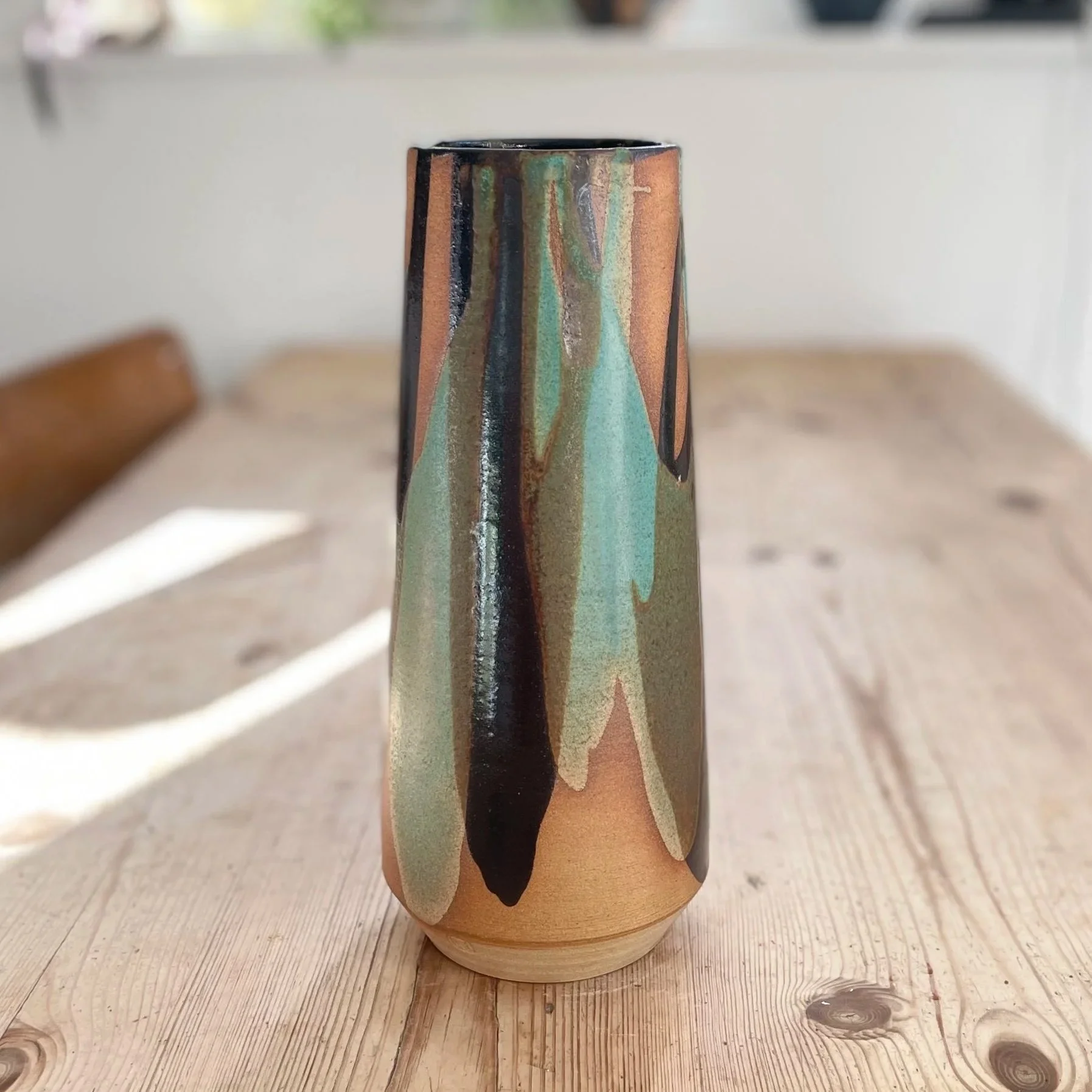 Large statement stoneware vase glazed in tenmoku and turquoise 3