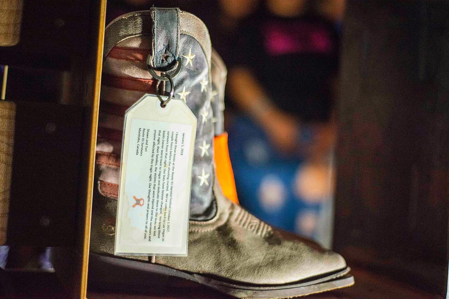 &ldquo;I bought these boots at the Route 91 Harvest Festival October 1 2017, couple hours before the shooting started. We&rsquo;ve come back to Las Vegas as survivors from that night. Our lives have forever changed. We bring these boots (never worn) 