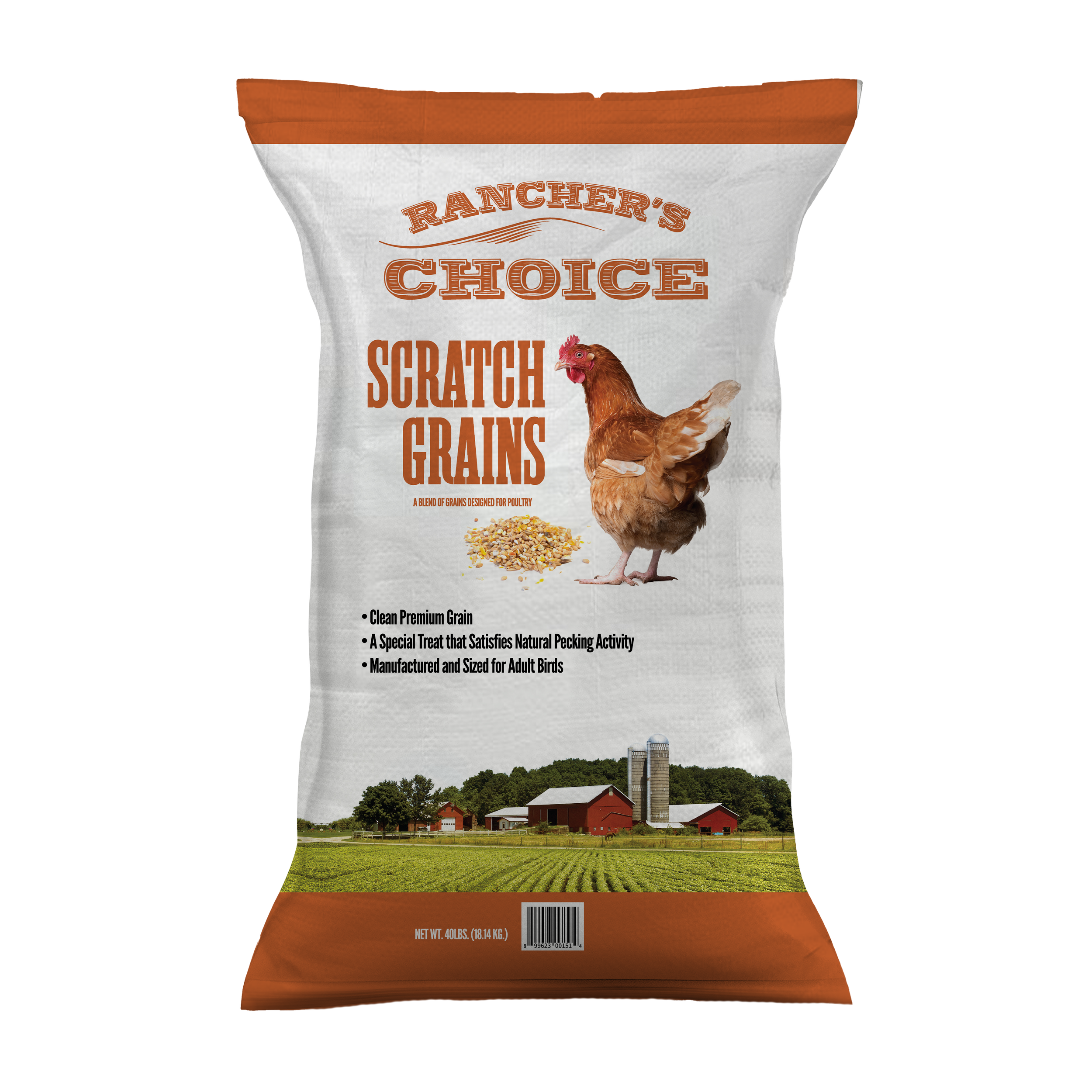 Bag of Rancher’s Choice Scratch Grains poultry feed with a picture of a chicken and a rural farm landscape. The package is primarily white and brown with orange accents.
