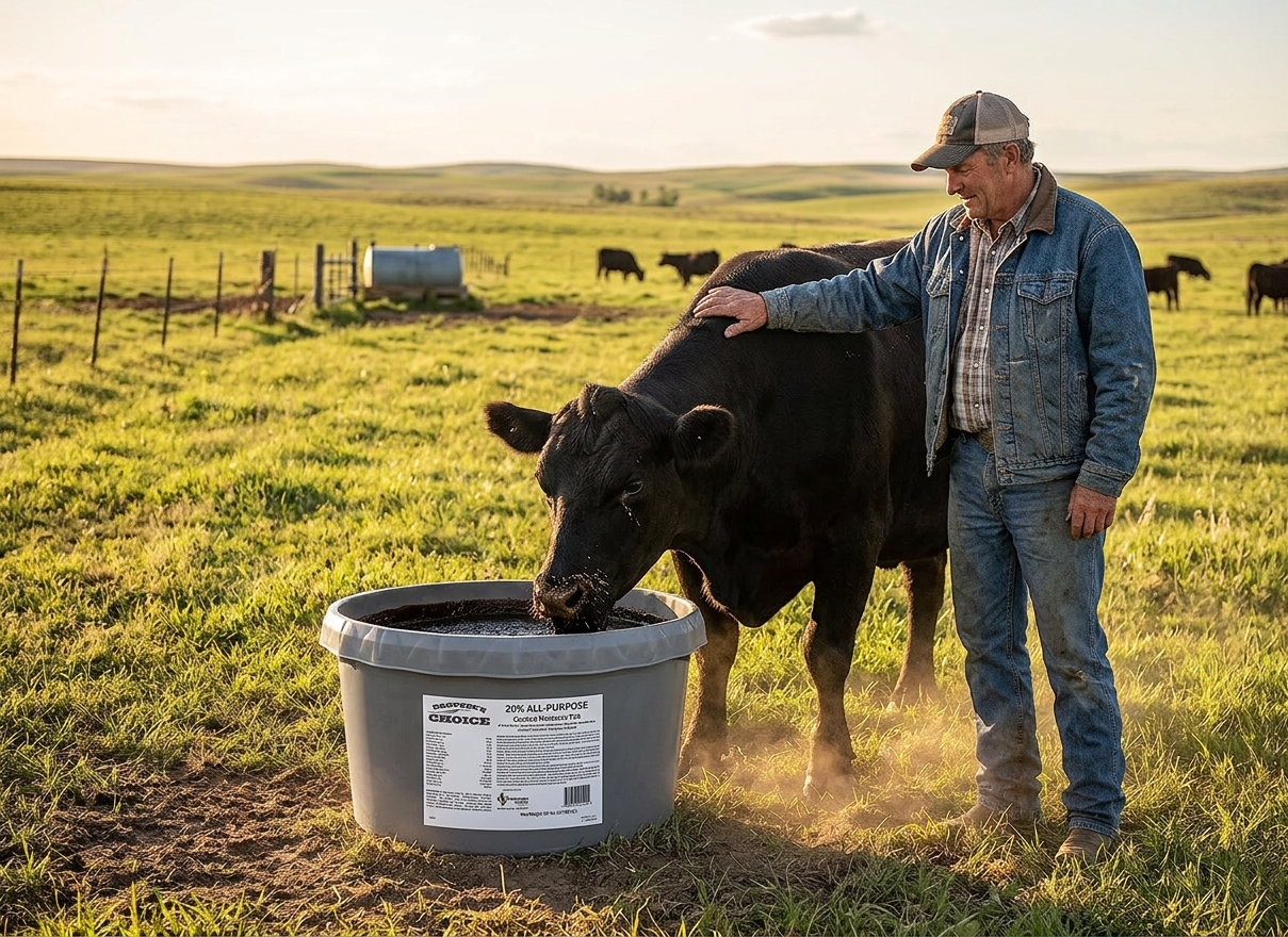 A man in a denim jacket and baseball cap petting a black calf drinking from a large gray bucket in a green pasture at sunset.