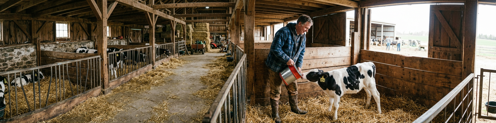 Image of a farmer in a barn giving a calf milk