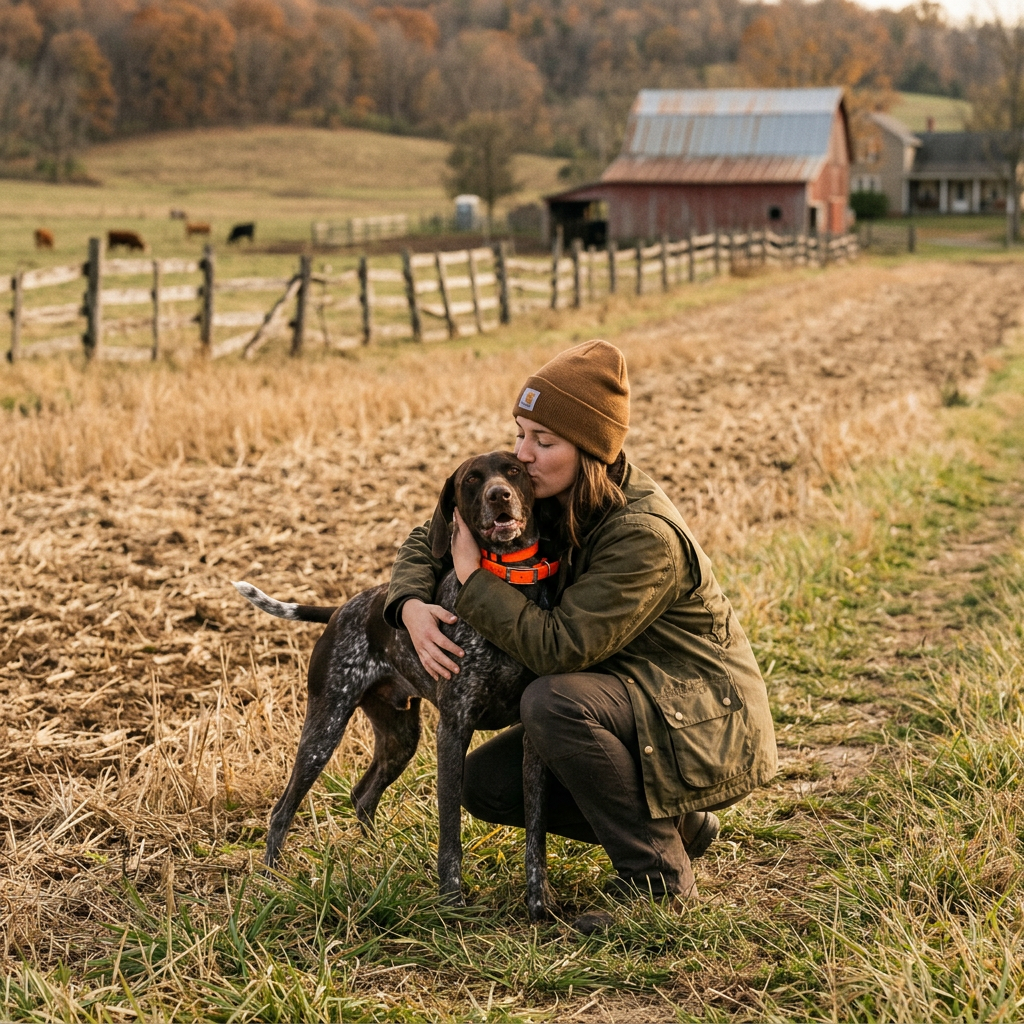 Image of Hunting dog and owner on a farm