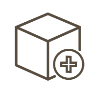 A black outline of a cube with a medical cross icon in front of it.