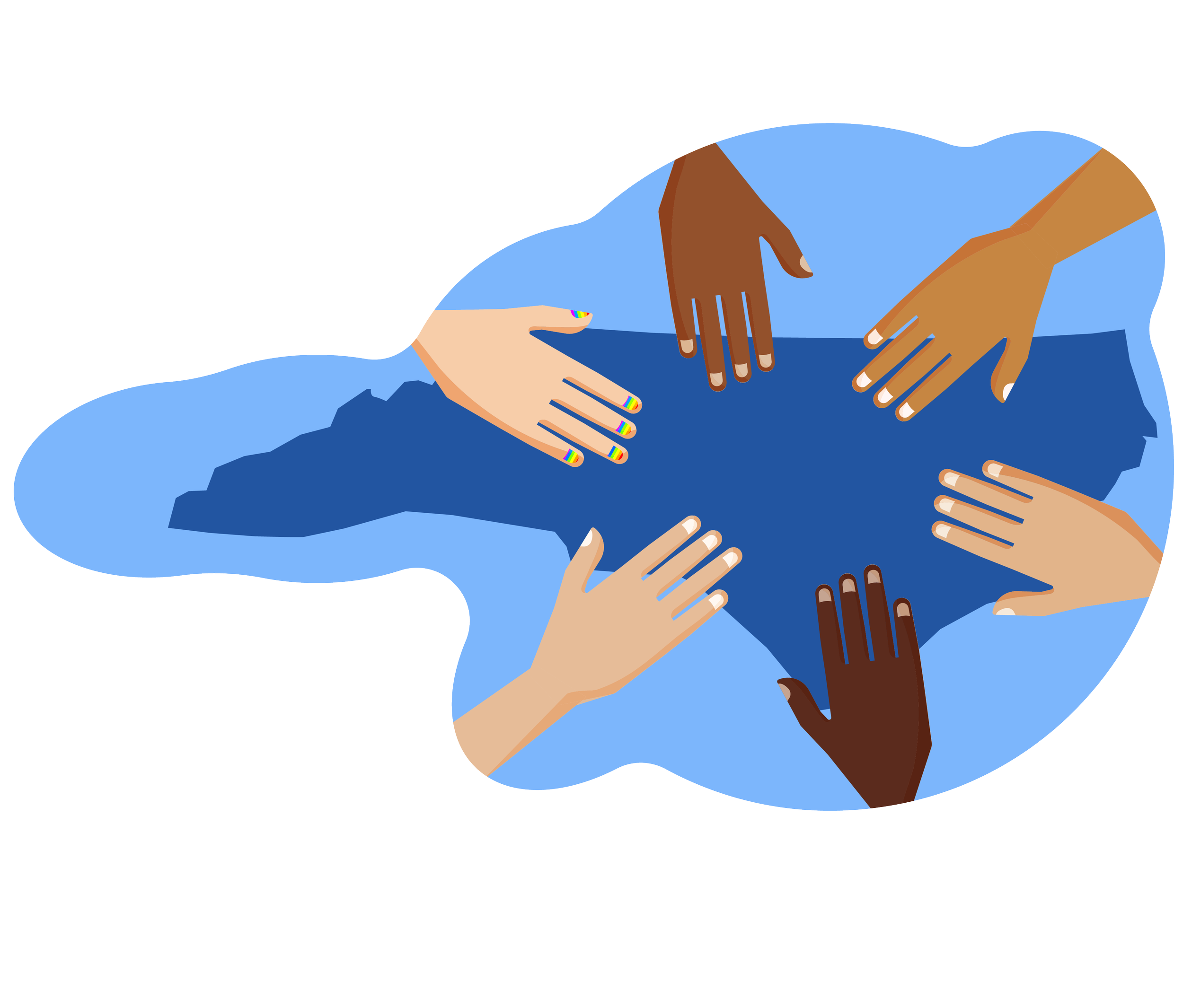 A graphic of hands of different skin tons reaching out and touching over an outline of the state of North Carolina