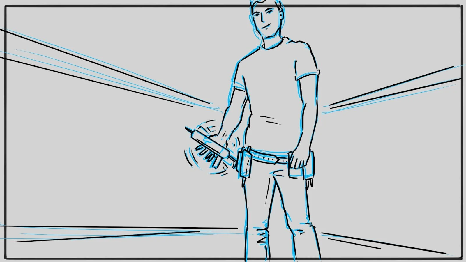 FRAME 8: Camera cuts back to a wide angle. We see our DIY’er spin his Perfect Finish cartridge and put it into the side of his tool belt. (VO: Say YES to winning the day.)