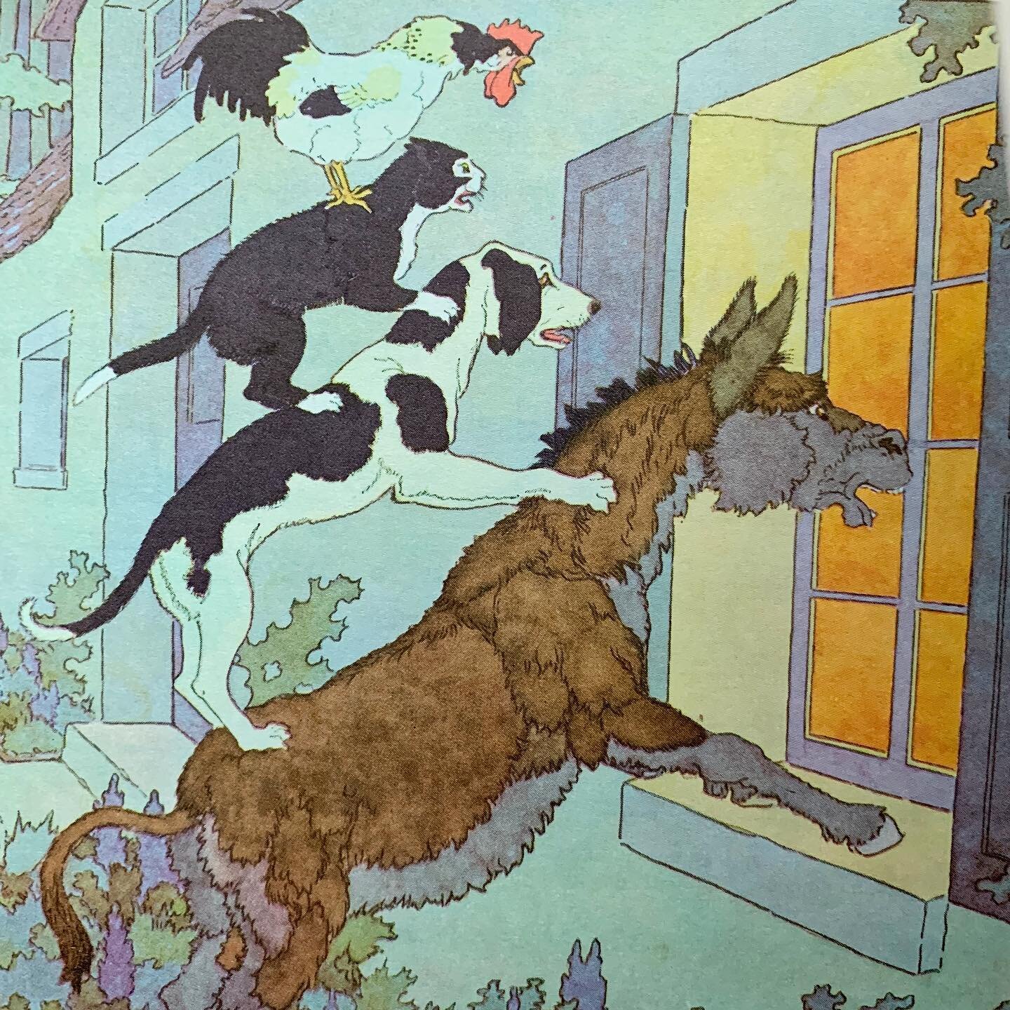 &quot;The donkey brayed, the dog barked, the cat mewed, and the cock crowed; then, with one great smash, they dashed through the window into the room, so that the glass clattered down.&quot;⁠⁠
From &quot;Great Children's Stories: The Classic Volland 