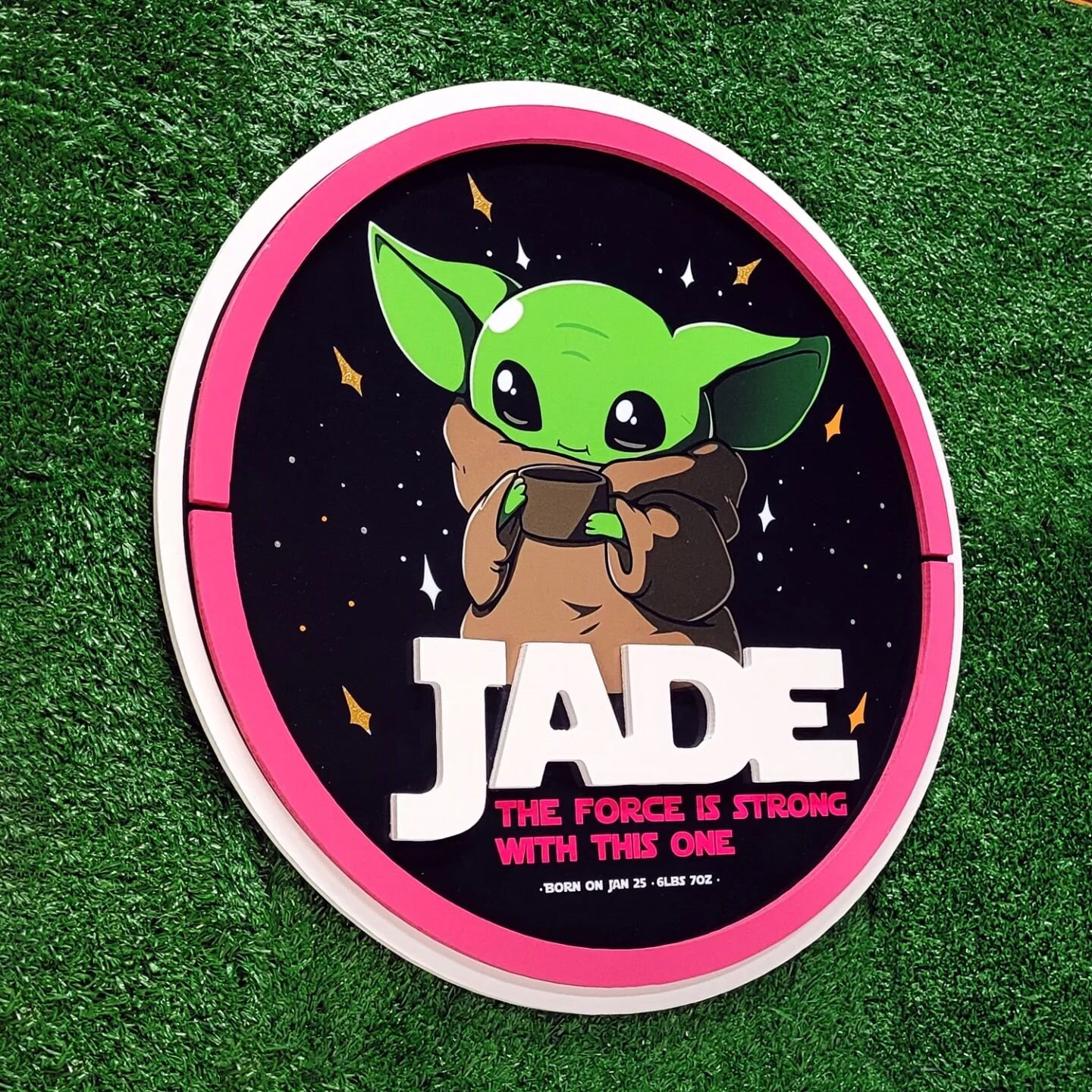 Space Themed Nursery Sign - featuring a #babyyoda in a 16&quot; diameter round sign with 3D elements and sparkles 

#starwars #yoda #space #kids #decor #jade #wood #custom #pop #room #starwarsfan #fan #nursery #love #force #strong #nerd #comic #cnc #