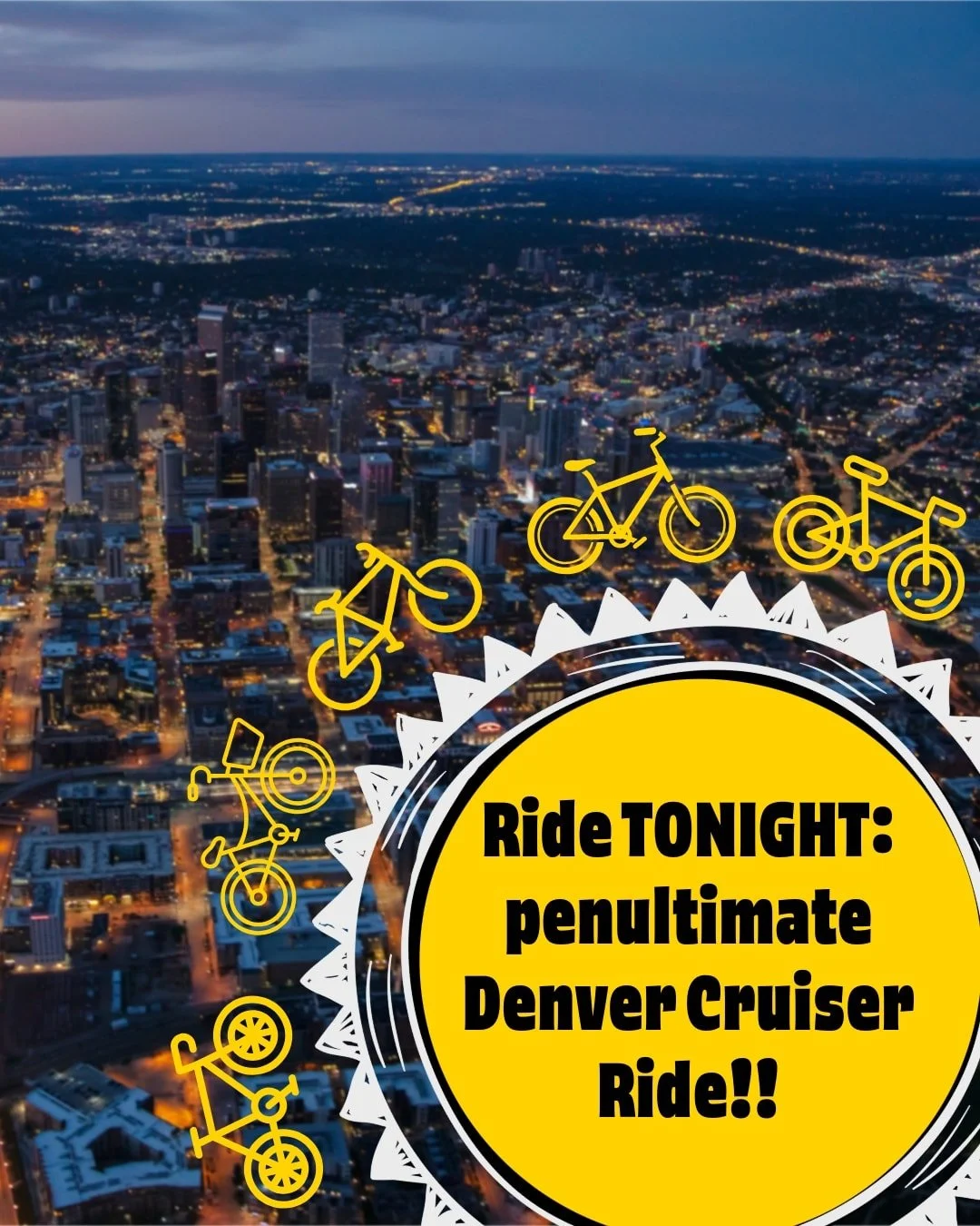 🚨Don't miss out! Tonight is this season's second-to-last Denver Cruiser Ride!! 
🕙 Meet @ 7pm @duetstapandgrill 
Ride @ 7:45pm
Want to ride with us?? Join us at eForce at 6:15pm to ride with! 
🚲Don't have a bike? We've got you! 🚲
It's going to