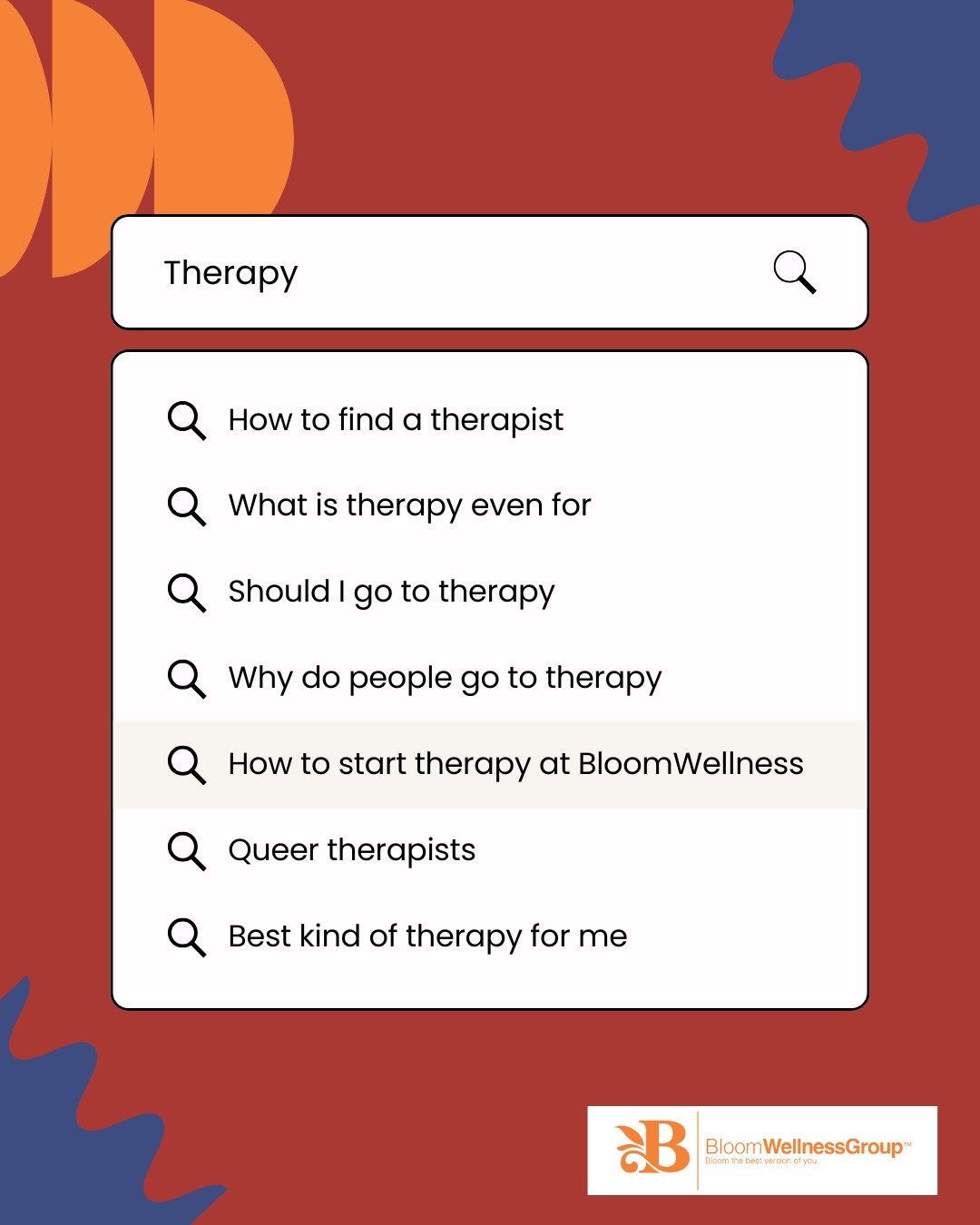 No matter what kind of questions you are asking, we can help! Whether it is wondering if therapy is the next step for you, what therapy would look like, or even what therapist you should work with, we are here. At Bloom Wellness, we are here to suppo