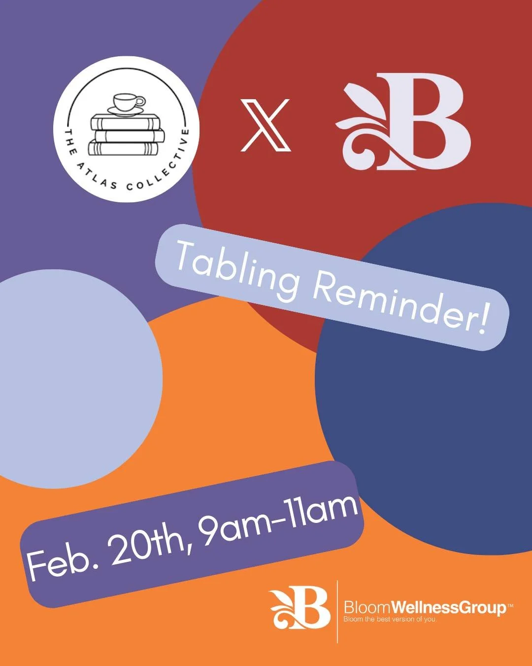 Alright, everyone! Once again, we will be tabling at Atlas Collective NEXT Friday, Feb. 20th! Zach and Danny would LOVE to see y&rsquo;all, so please come on out! Ask general questions related to mental health, get some free things from us at Bloom W