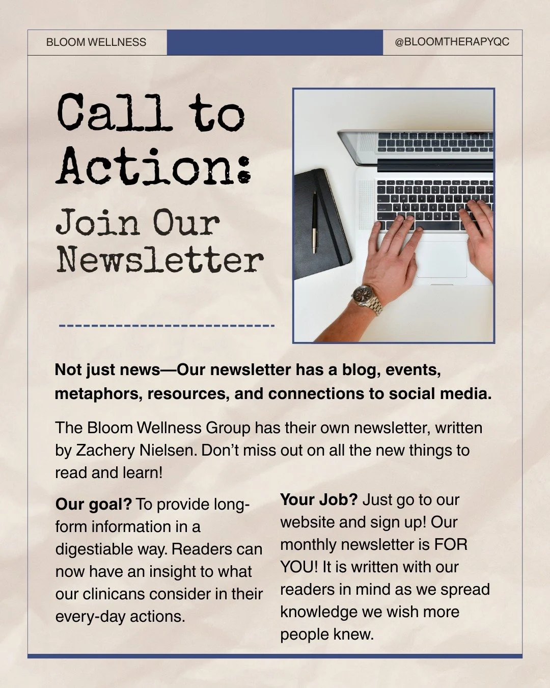 It&rsquo;s our monthly reminder again! Here at Bloom Wellness, Zach has a monthly newsletter that gives you, as the reader, an inside look into what is going on in our group practice. With our free sign-up, you have access to so much more information
