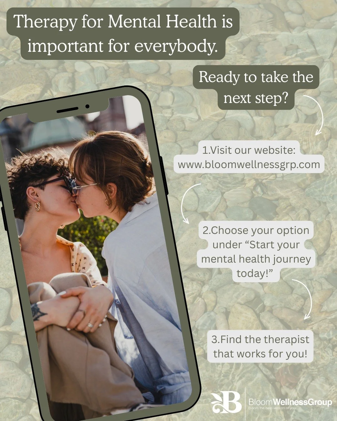 The beginning of any journey is that first step. To start your mental health journey, that first step is easy with Bloom Wellness Group. With our simple instructions through our website, you can find and start the therapy you want. 

Visit our websit