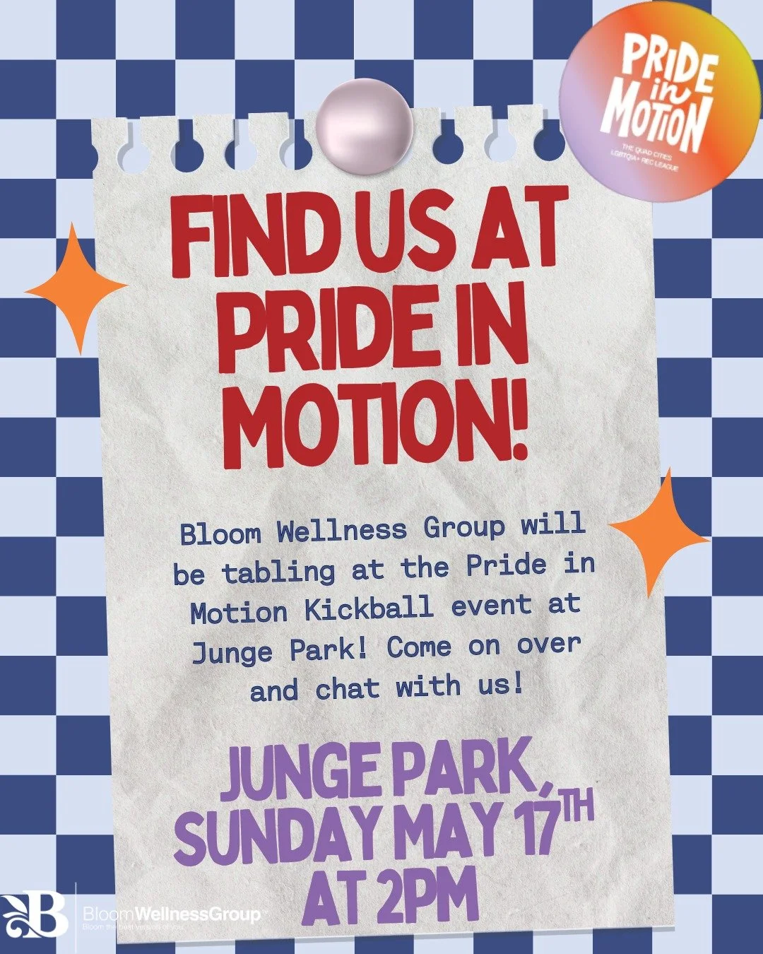 Bloom Wellness Group will be tabling at the Pride In Motion Kickball event at Junge Park! When you come out to play, make sure to stop by our table to meet our clinicians, learn more about us, and ask questions. We'll have some freebies and merch you