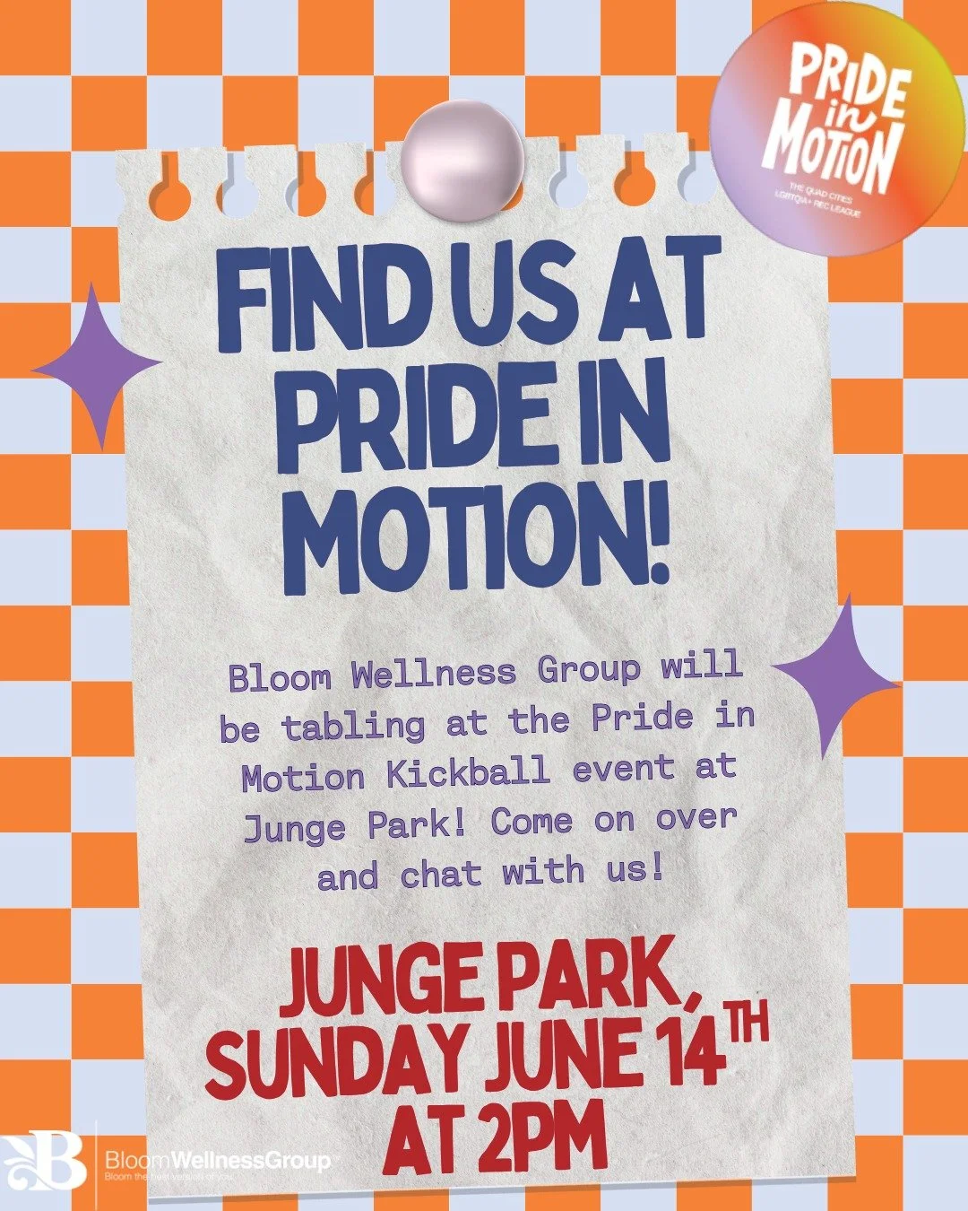 Bloom Wellness Group will be tabling AGAIN at the Pride In Motion Kickball event at Junge Park! If you weren&rsquo;t able to catch us in May, now is your chance! Come find our table, learn more about our group practice, and get some freebies. We'll b