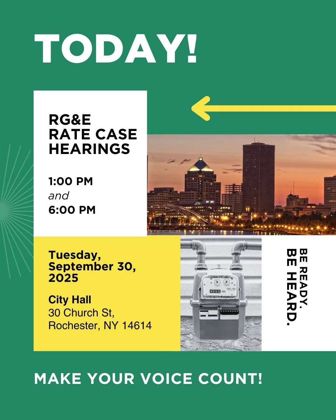 📢 Today&rsquo;s the day!
The Rate Case Hearings will be held today at 1 PM and 6 PM at City Hall.

This is our chance to speak up against RG&amp;E&rsquo;s proposed 22&ndash;26% rate hike and advocate for an energy future that works for everyone.

We