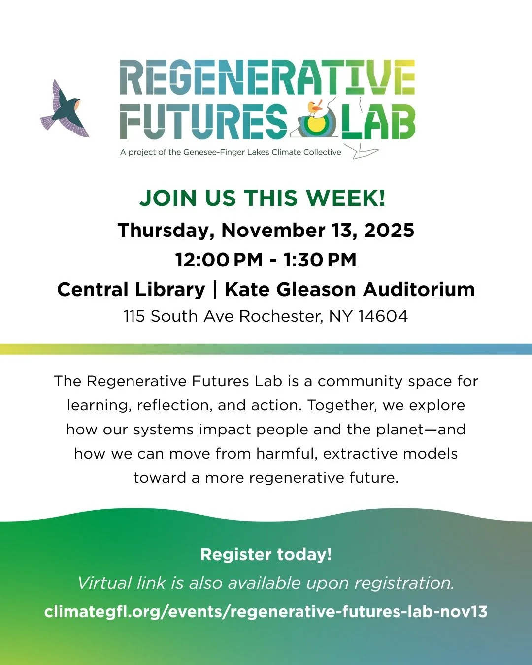 Join us Thursday, November 13 from 12 PM - 1:30 PM at the Central Library (Kate Gleason Auditorium) for this month&rsquo;s Regenerative Futures Lab &mdash; a welcoming space for reflection, learning, and action.

Let&rsquo;s come together to explore 