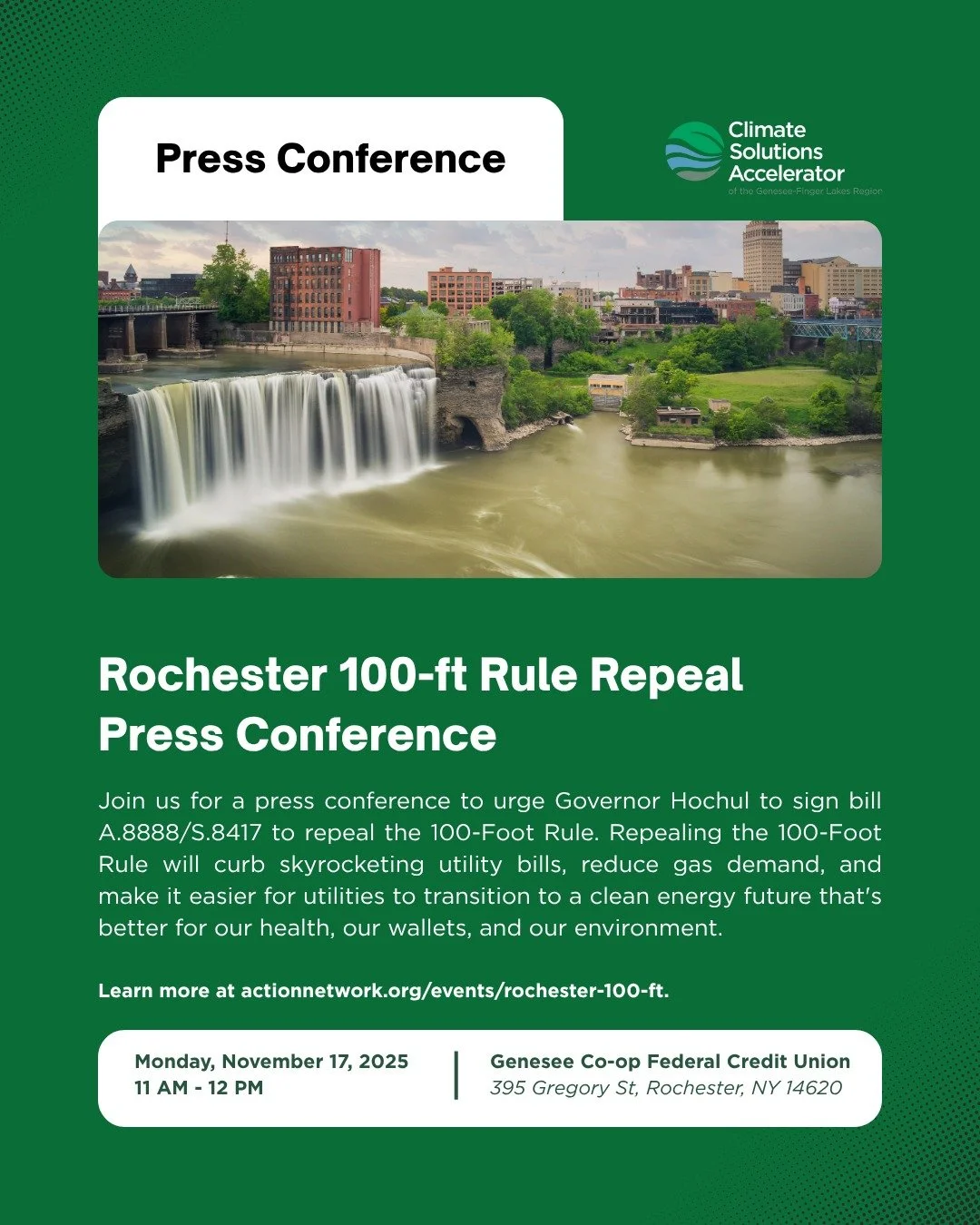 Rochester&rsquo;s 100-Foot Rule is driving up energy bills and slowing our transition to clean energy.

Join us for a press conference calling on Governor Hochul to sign A.8888/S.8417 and repeal the 100-Foot Rule so we can cut gas dependence, lower c