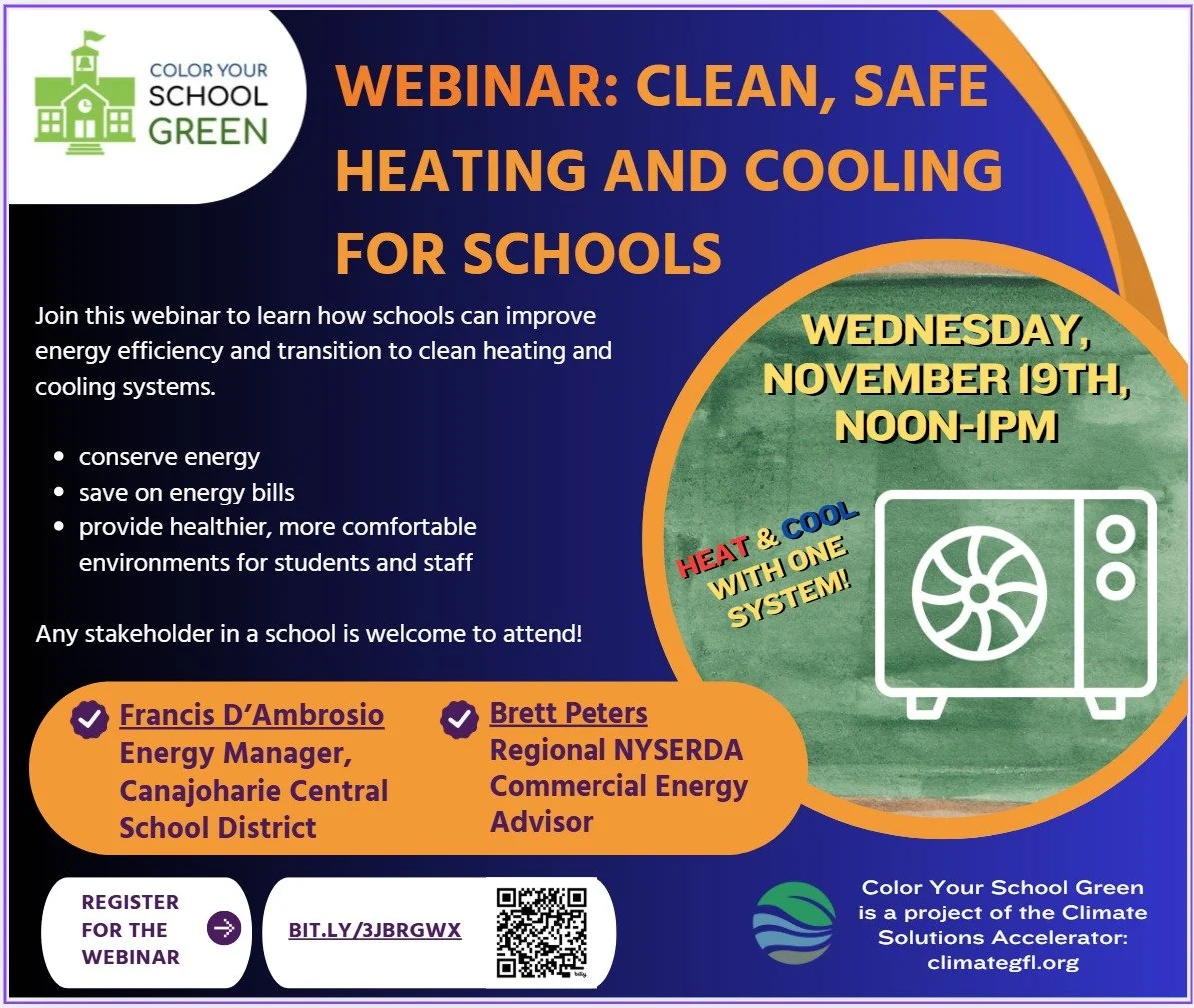 Keep your school clean, safe, comfy and climate-smart 🌱

Join us tomorrow on Wednesday, Nov. 19, 12&ndash;1 PM for our &ldquo;Clean, Safe Heating and Cooling for Schools&rdquo; webinar to learn how to conserve energy, cut utility costs, and create h