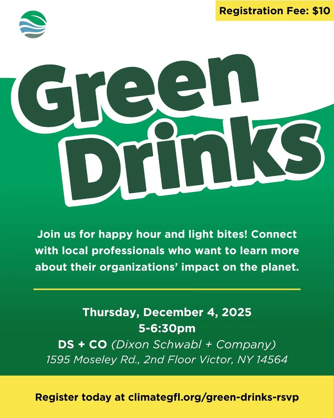 Sip, snack, and talk sustainability with us at Green Drinks &mdash; this time at @dixonschwabl. 💚 (Sign up today! They have a slide in their office! 👀)

Join the Climate Solutions Accelerator on Thursday, December 4, 2025, 5&ndash;6:30pm at DS+CO, 