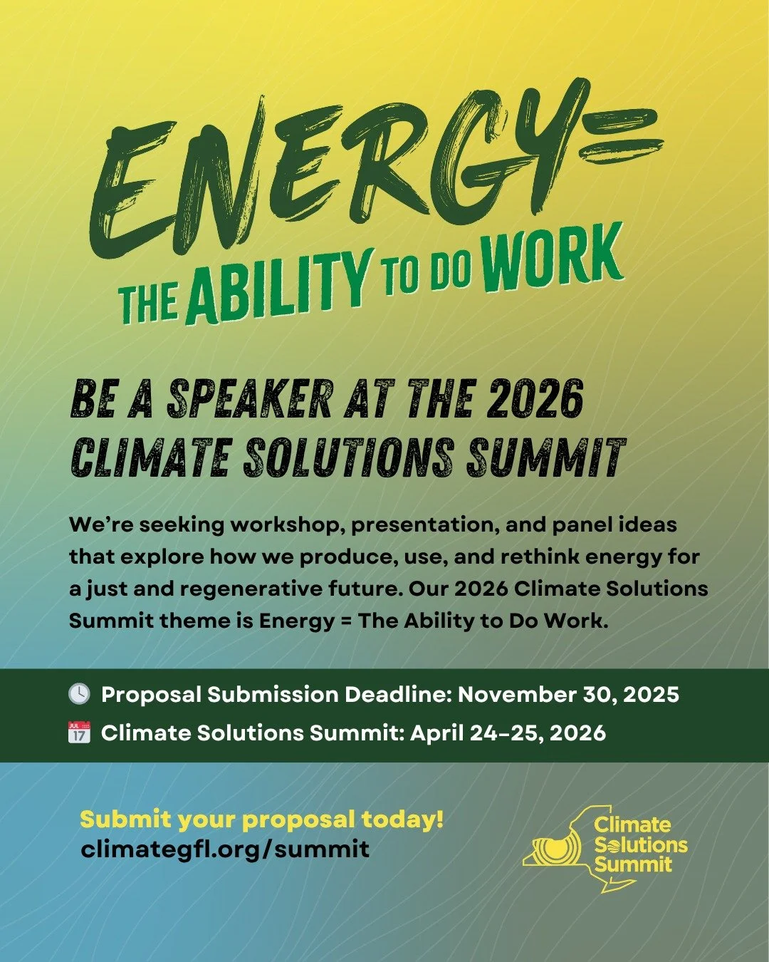 Got energy and ideas to match? ⚡️

We&rsquo;re gearing up for the 2026 Climate Solutions Summit &ndash; Energy = The Ability to Do Work, and we&rsquo;re looking for bold thinkers and doers from across the Genesee&ndash;Finger Lakes Region.

➡️ Swipe 