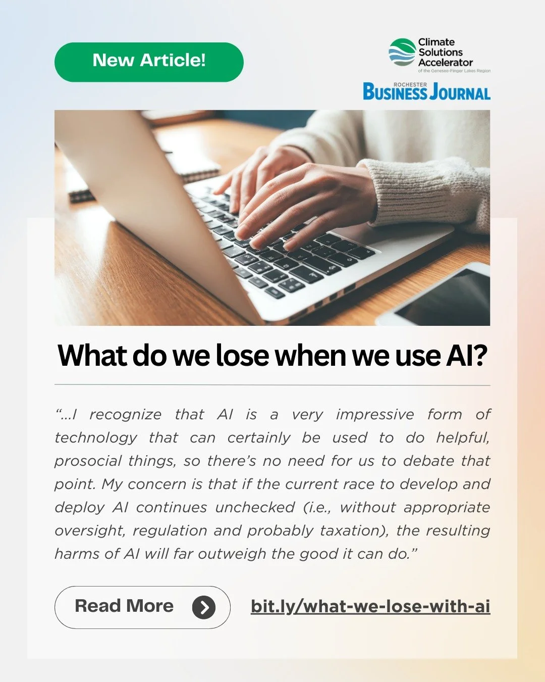 Do you use AI? How often? If you haven't given much thought it, now might be a great time to dive in and learn more. Check out our Executive Director's latest article titled, "What do we lose when we use AI?"

A quick excerpt: &ldquo;Now, I