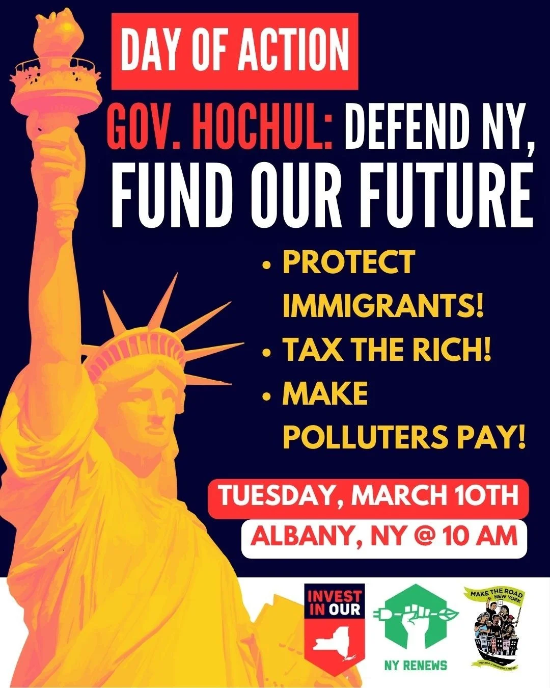 On March 10th, New Yorkers from every corner of the state will converge on Albany to demand action from Governor Kathy Hochul, calling on her to Defend New York and Fund Our Future! 

As our communities face overlapping crises, this moment calls for 