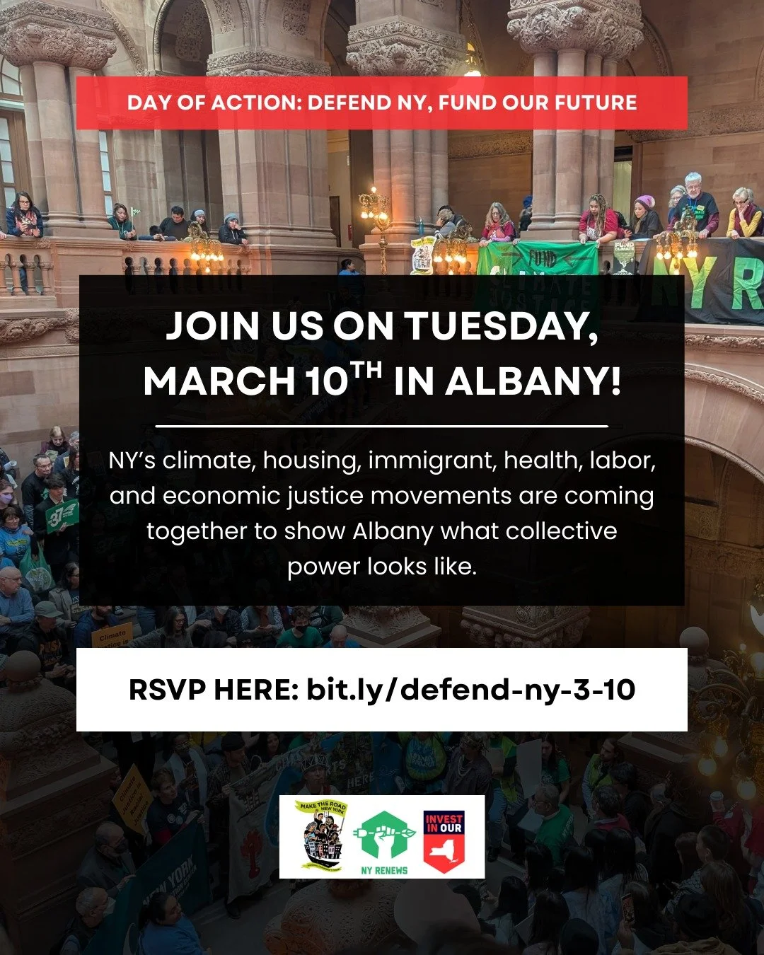 Travel with us to Albany on March 10th!
Register today at link in bio. 

We're mobilizing and uniting for climate, immigrant, and taxation justice movements. 

Our communities face interconnected crises and we need New York State to lead the way in a