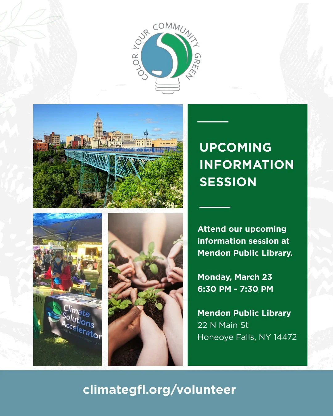 Join us at our upcoming information session at Mendon Public Library in Honeoye Falls! 

Teams across our Color Your Community Green network have taken on a collaborative project to get municipal resolutions in support of New York&rsquo;s Climate Law