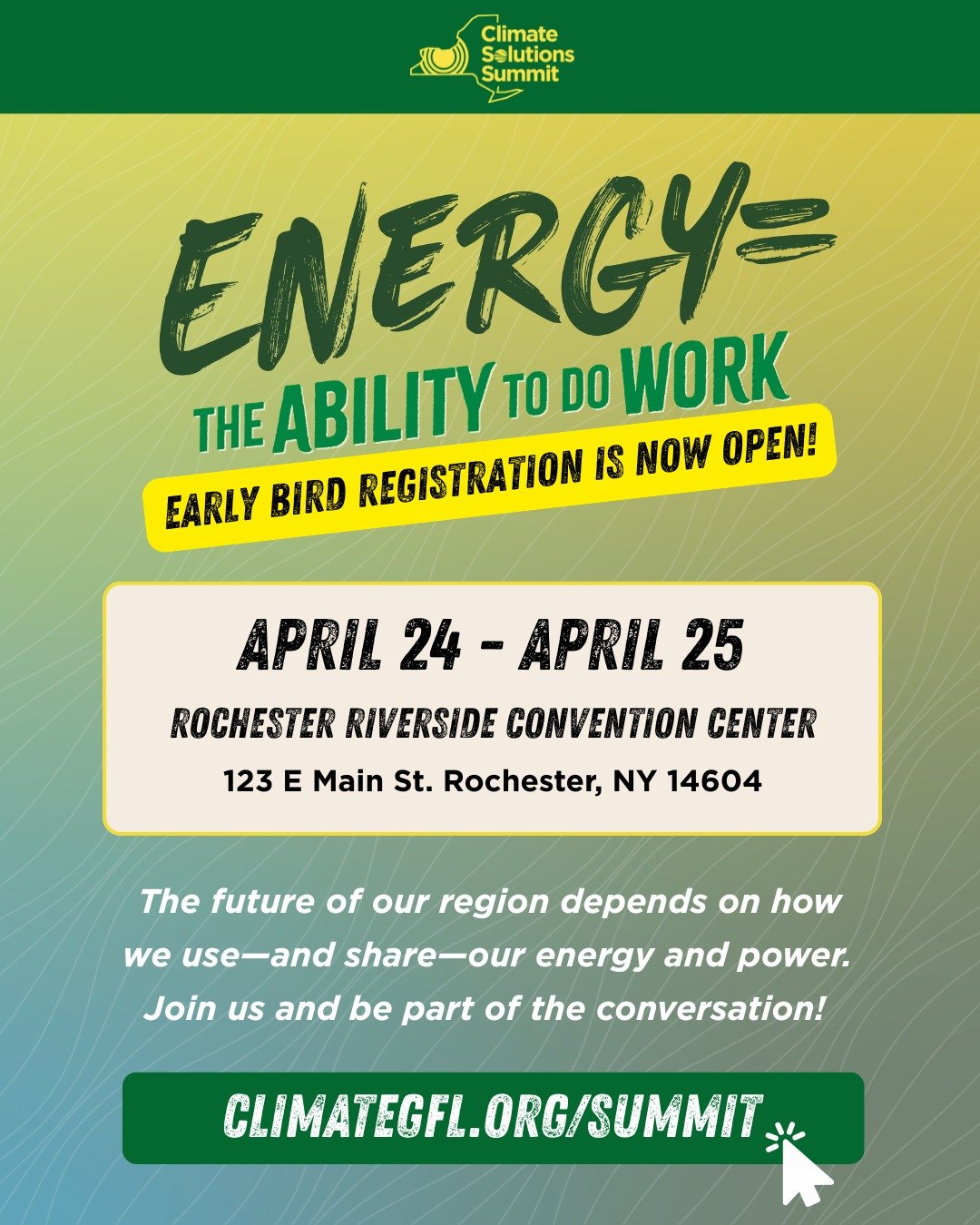 Early bird registration for the 2026 Climate Solutions Summit is now open! 

Join leaders, change-makers, professionals, and community members from across the Genesee-Finger Lakes region on April 24&ndash;25 in Rochester. 

Register today at climateg