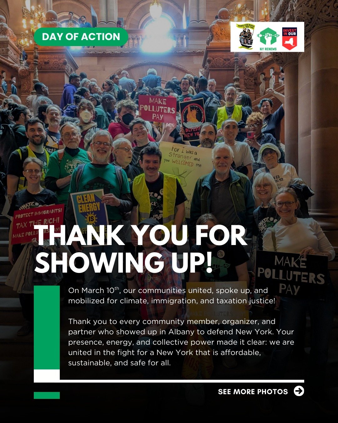 Thank You for showing up! On March 10th, our communities united, spoke up, and mobilized for climate, immigration, and taxation justice!

Thank you to every community member, organizer, and partner who showed up in Albany to defend New York. Your pre
