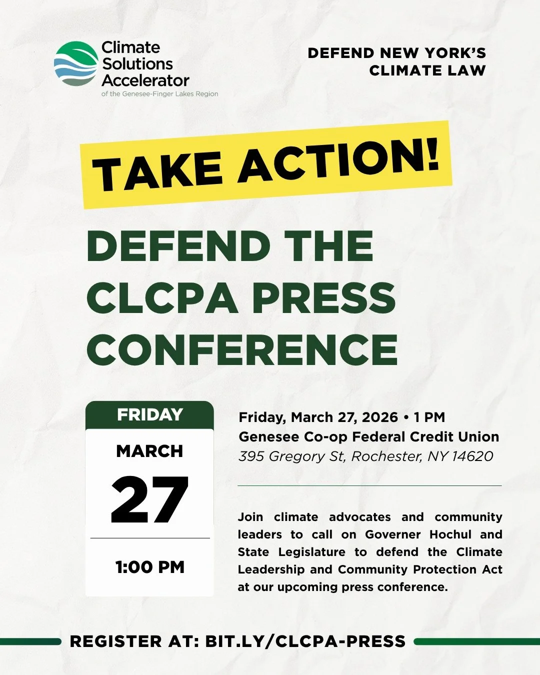 Take action to defend New York&rsquo;s climate law. Join climate advocates and community leaders at our upcoming Defend the CLCPA Press Conference to call on Governor Hochul and the State Legislature to protect New York&rsquo;s climate commitments.

