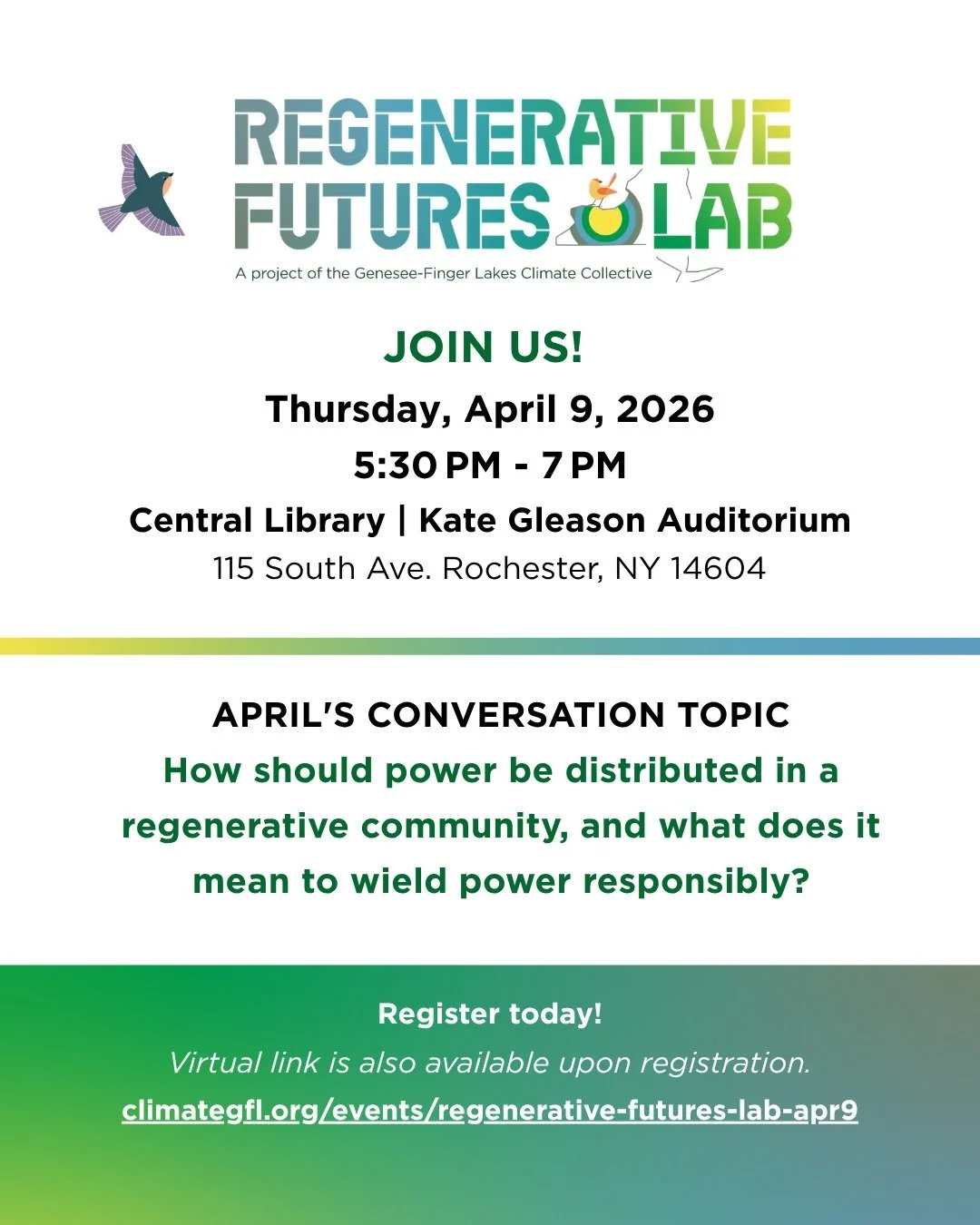 Join us for our next Regenerative Futures Lab!

Thursday, April 9, 2026
5:30 &ndash;7:00 PM
Central Library | Kate Gleason Auditorium
115 South Ave. Rochester, NY 14604
Virtual option available.

This gathering is a shared space for rethinking the me