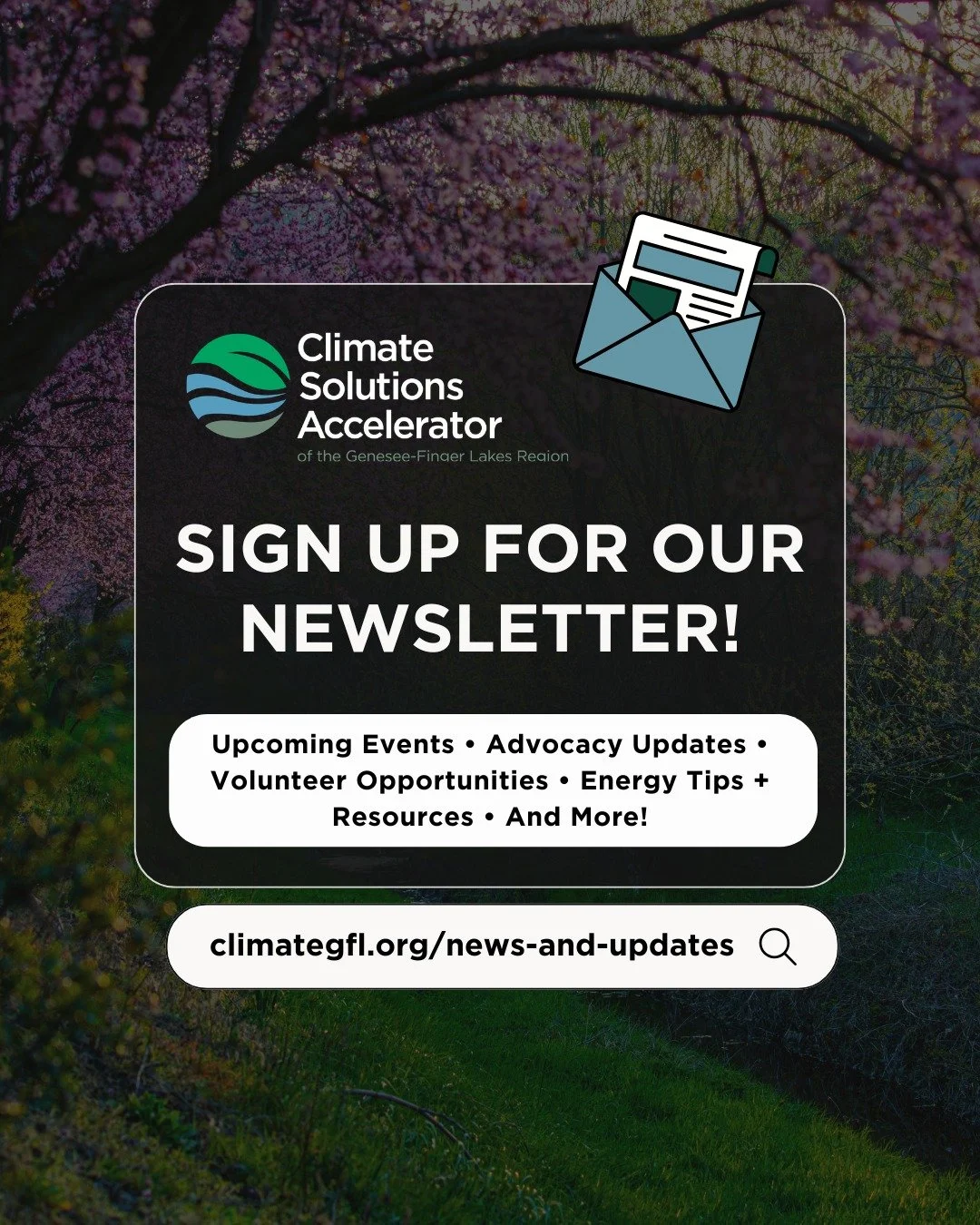 🌎 Want to stay in the loop with Climate Solutions Accelerator? 

Sign up for our newsletter to get upcoming events, advocacy updates, volunteer opportunities, energy tips, resources, and more&mdash;straight to your inbox.

Join us at climategfl.org/