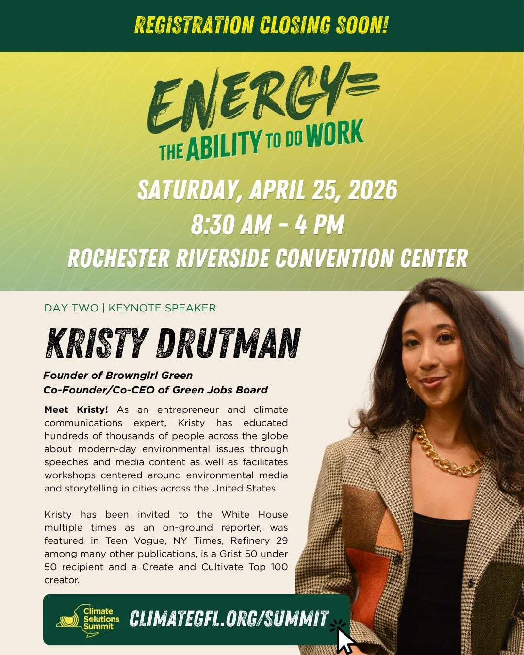We&rsquo;re excited to welcome @browngirl_green (Kristy Drutman) as our keynote speaker for Day 2 of the 2026 Climate Solutions Summit.

Kristy is an entrepreneur, climate communications expert, and nationally recognized storyteller who has helped br