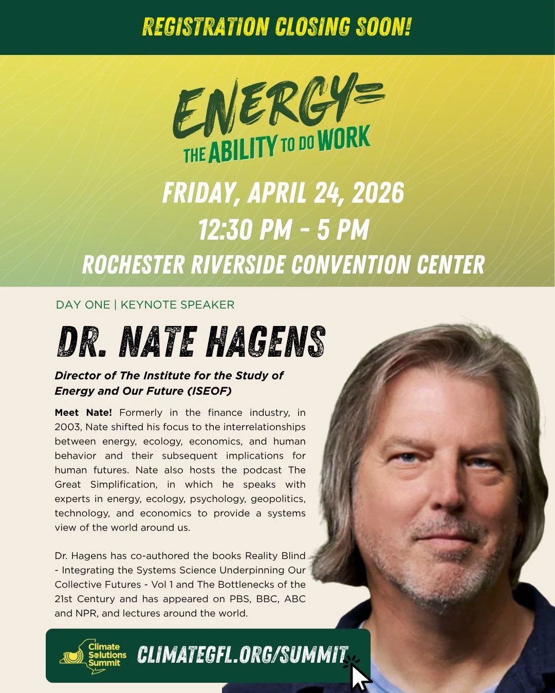 We&rsquo;re honored to welcome @natehagens  as a keynote speaker for Day 1 of the 2026 Climate Solutions Summit.

Dr. Hagens brings a systems-level perspective to some of the biggest questions of our time, helping people better understand the relatio