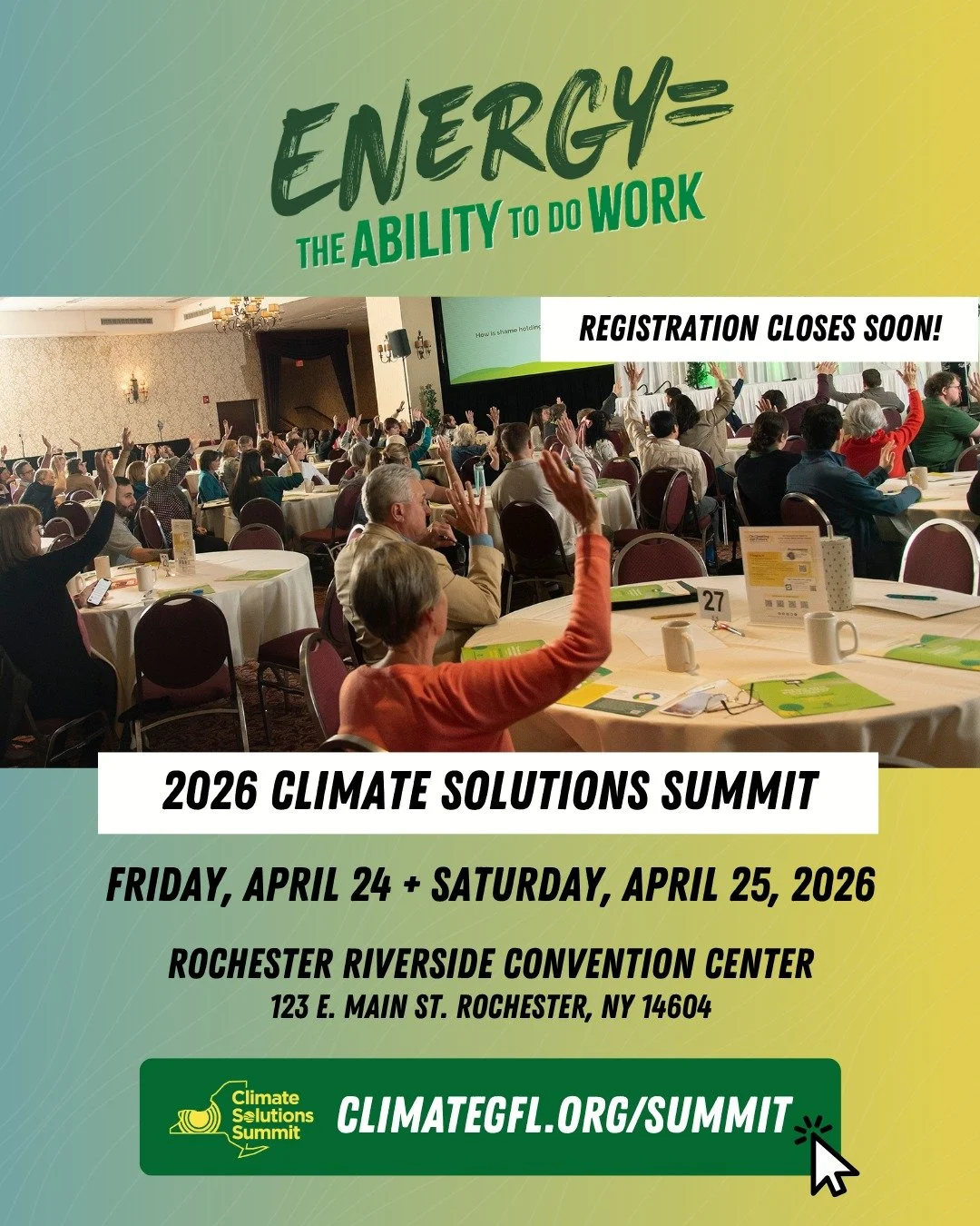 Registration closes tonight! Join us this week at the 2026 Climate Solutions Summit. climategfl.org/summit 

#ClimateAction #ClimateLeadership #RochesterEvents #upstateny #climatesolutions