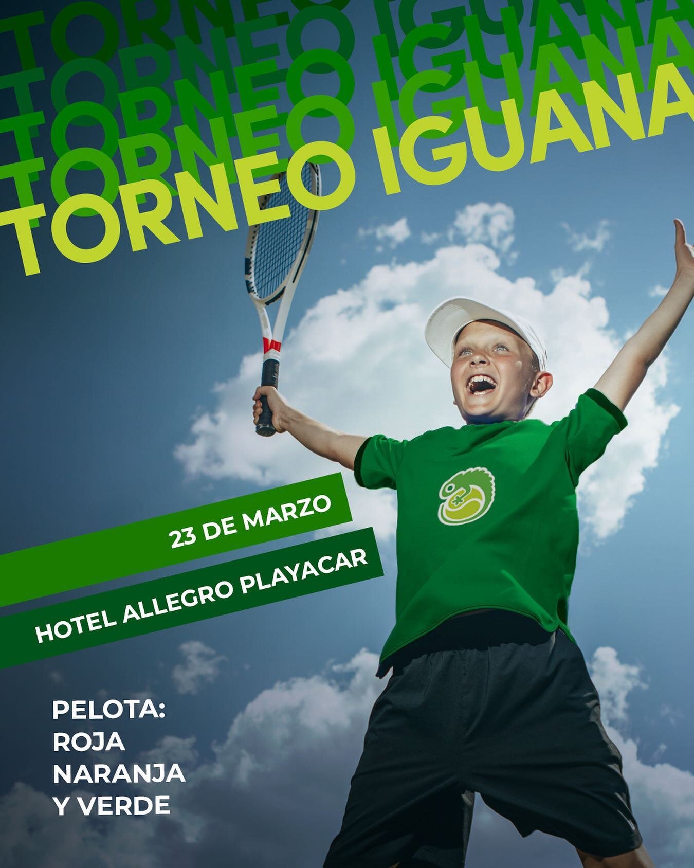 Prep&aacute;rate para el Torneo Iguana para ni&ntilde;os y j&oacute;venes el S&aacute;bado 23 de Marzo
Hotel Allegro Playacar. 
Pelota Roja 🔴 8 A.M.
Pelota Naranja 🟠 10 A.M.
Pelota Verde 🟢 4 P.M. 
Competencia Round Robin. Trofeos de 1er lugar + re